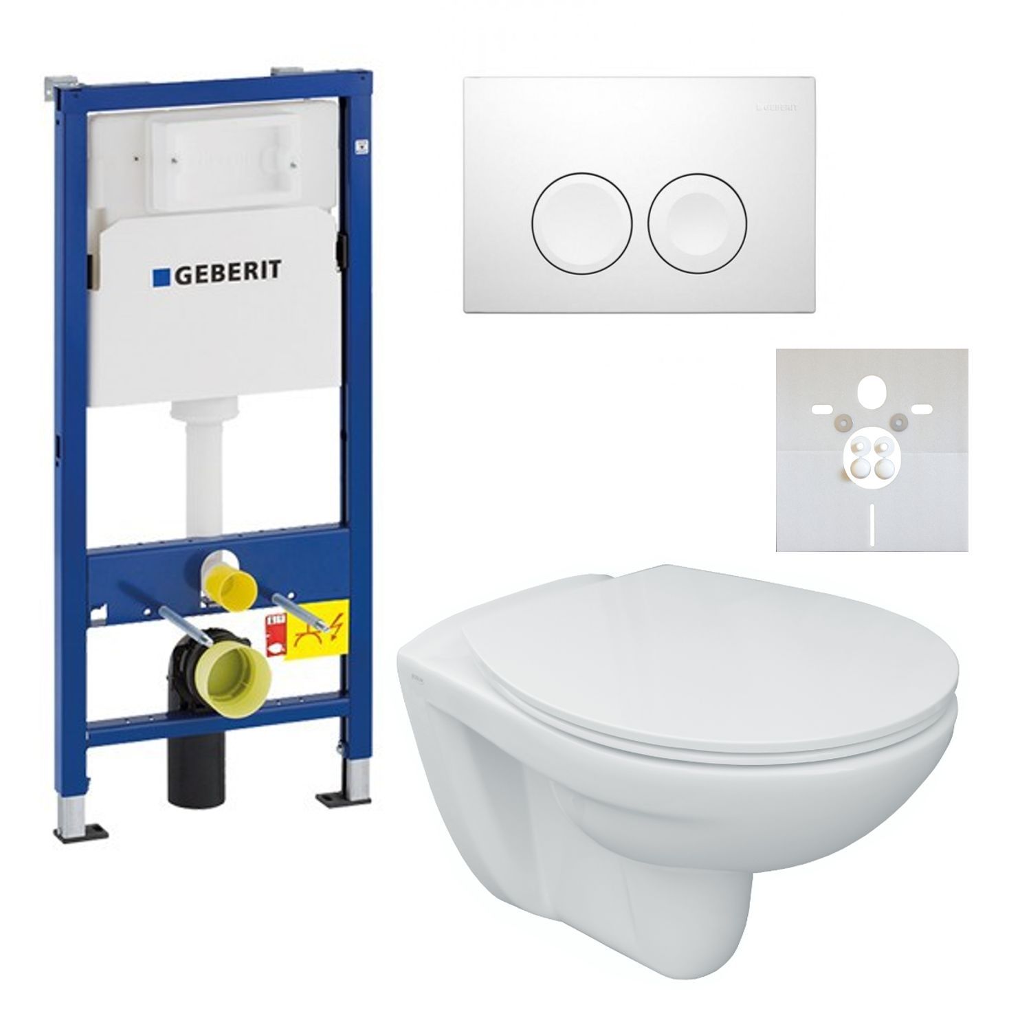 Vorwand-/Einbauelement für Toilette mit Unterputz-Spülkasten Delta (UP100) „DuofixBasic“, Betätigungsplatte „Delta25“ für 2-Mengen-Spülung (früher Delta21), Schallschutzset für wandhängende Bidets & WCs K33303, Wand-Tiefspül-WC, WC-Sitz „Revo“