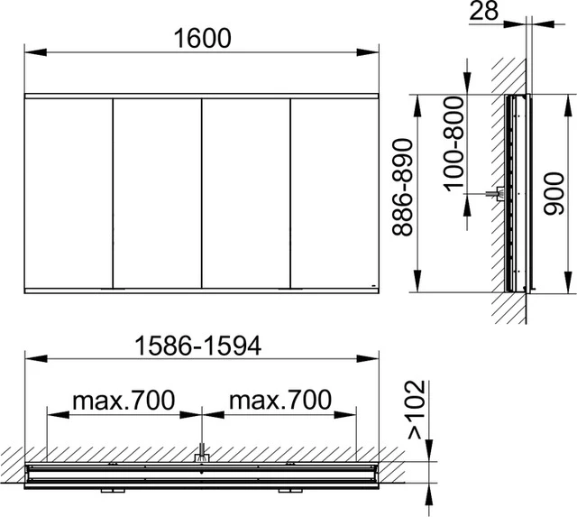 Royal Modular 2.0 800410161000400 Spiegelschrank beleuchtet Wandeinbau, 4 Steckdosen 1600 × 900 × 120 mm silber-eloxiert