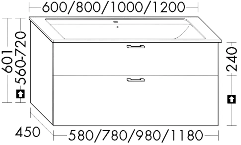 Waschtischunterschrank Sys30 von burgbad - 1 Schublade oben, 1 Auszug unten, 450x1180x600 mm, mit Siphonausschnitt