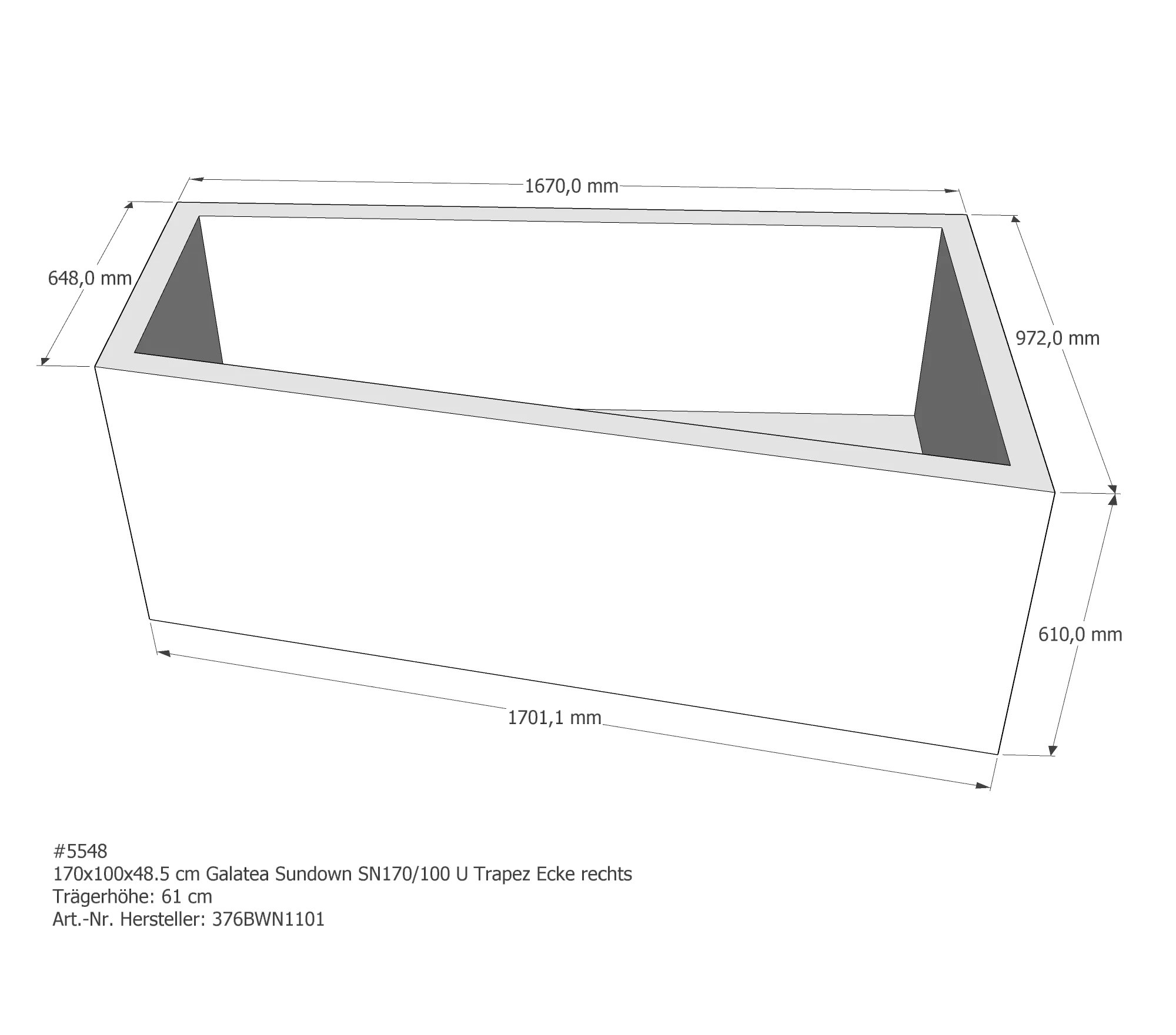 Badewannenträger für Galatea ~Sun SN 170/100 U rechts rechts 170 × 100 × 48,5 cm