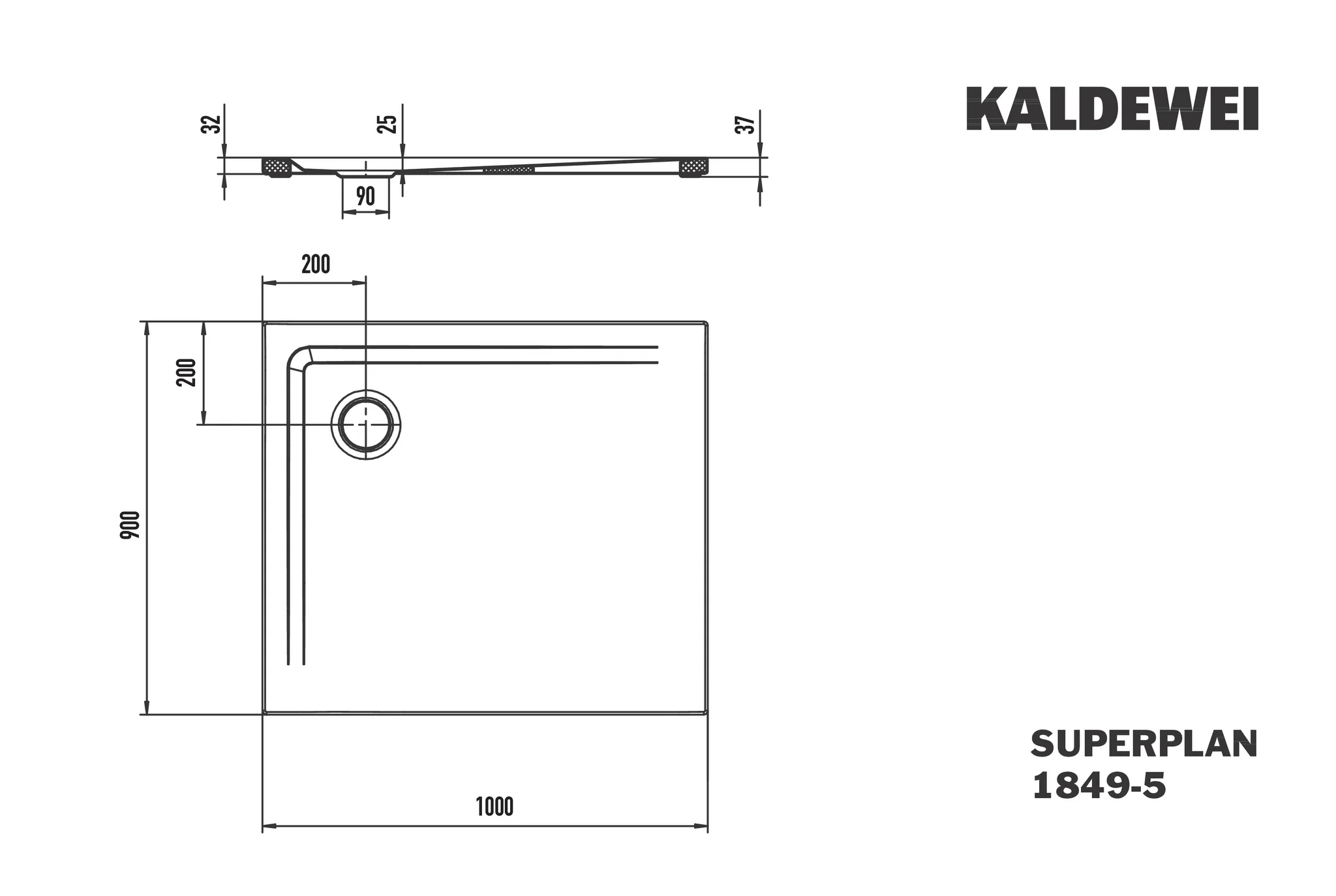 Kaldewei SUPERPLAN MIT WANNENTRÄGER EXTRAFLACH, Duschfläche 900x1000 mm, Perl-Effekt, 25 mm tief, Eckablauf, MADE IN GERMANY
