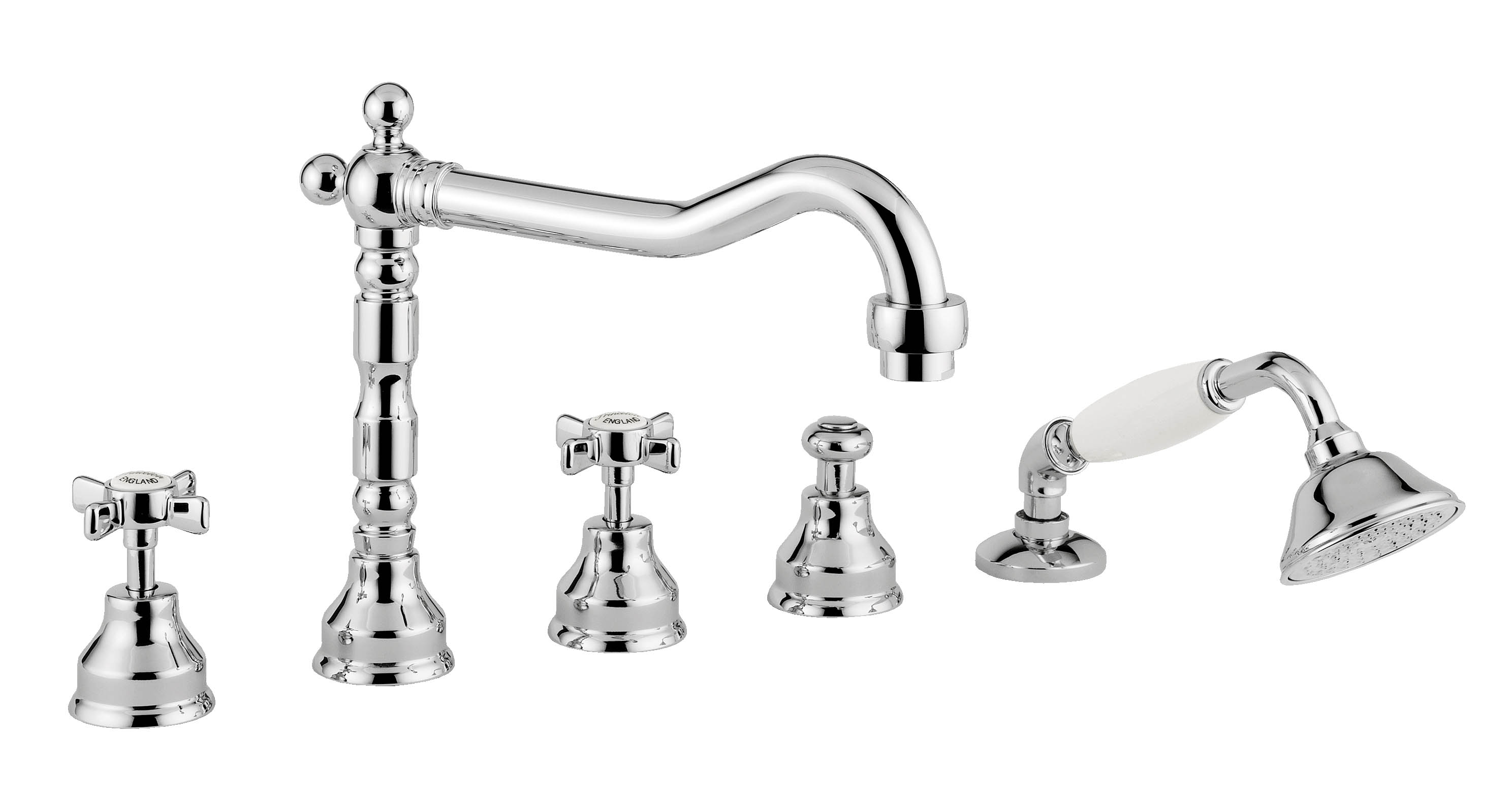 5-Loch Wannenfüll- und Brausebatterie AqvaRetro II - Ausladung 230 mm - inkl. Sicht- und Funktionsteilen - Umstellung - inkl. Brausegarnitur - keramischen Innenoberteile 90° - chrom Passende Montageplatten finden Sie auf Seite 151! 5-Loch Wannenfüll- und Brausebatterie AqvaRetro II - Ausladung 230 mm - inkl. Sicht- und Funktionsteilen - Umstellung - inkl. Brausegarnitur - keramischen Innenoberteile 90° - chrom Passende Montageplatten finden Sie auf Seite 151!