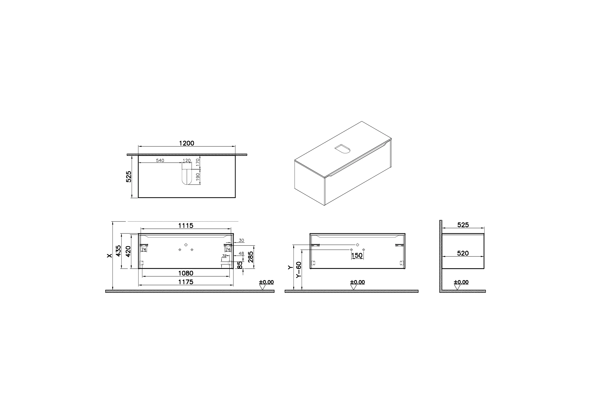 New Integra Square Waschtischunterschrank (Aufsatzwaschtisch) mit 1 Vollauszug 120 x 52 x 43 cm (BxTxH) Grün Matt