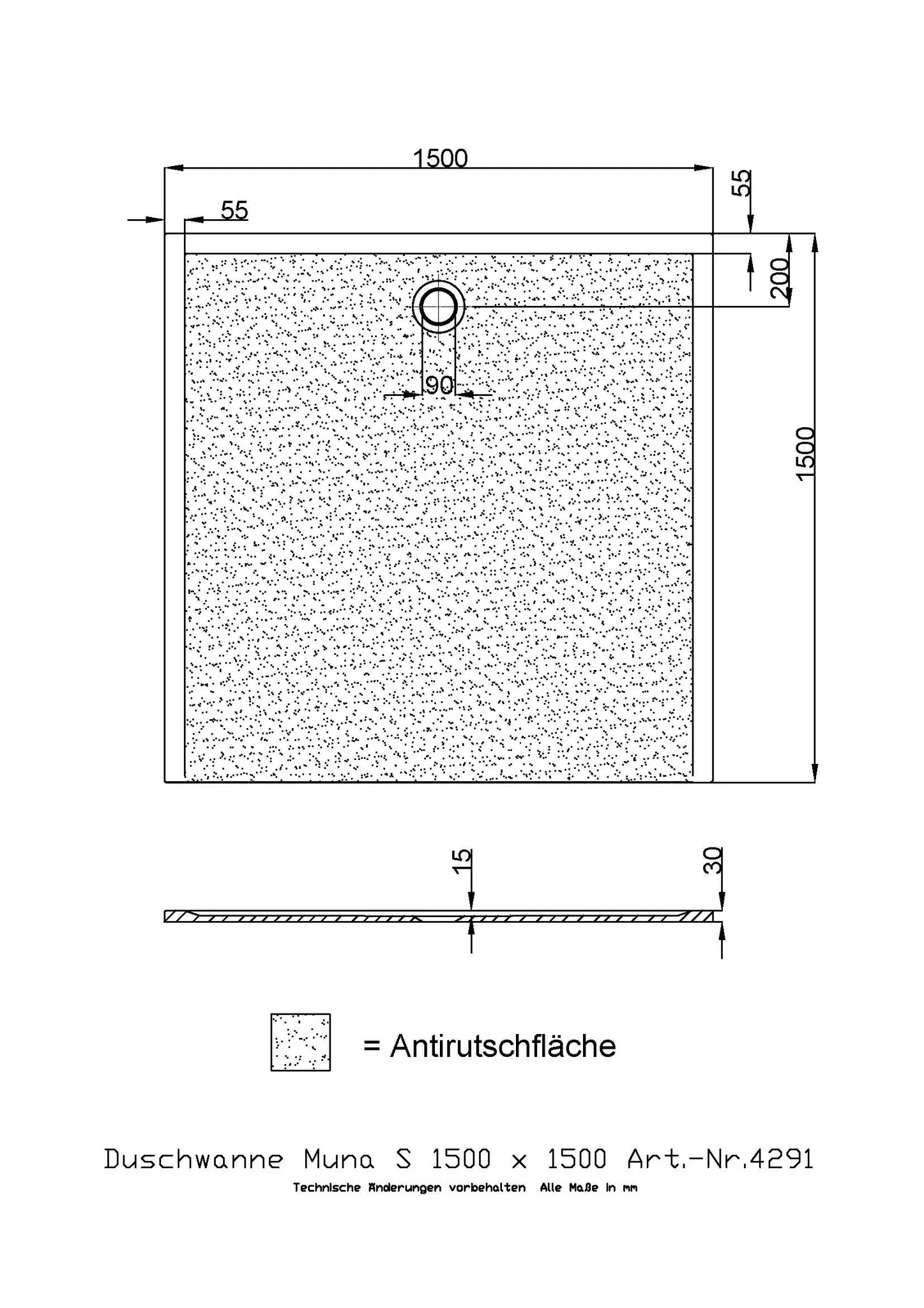 Duschwanne „Muna S“ Quadrat 150 × 150 cm in Telegrau