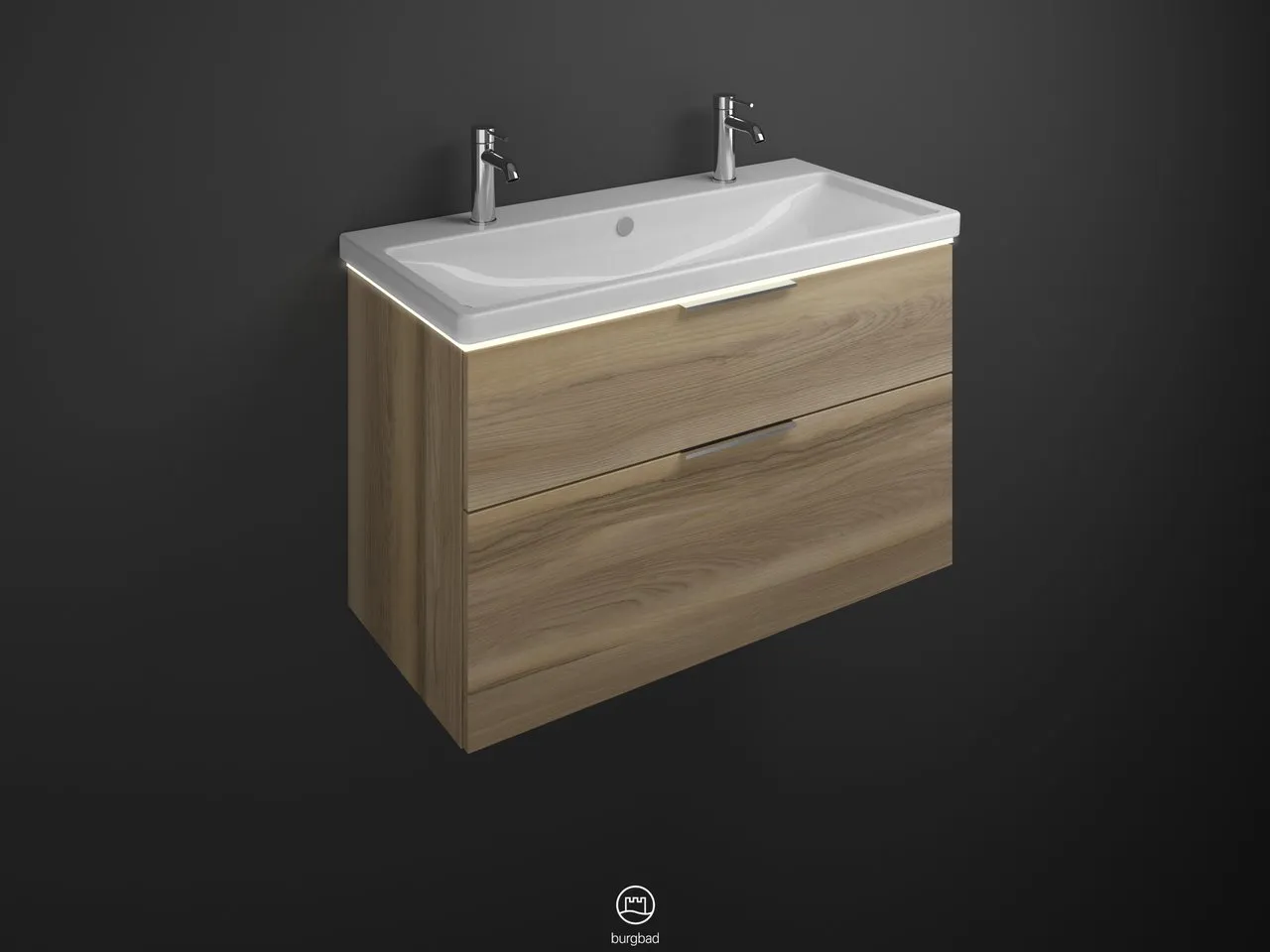 burgbad Badmöbelset Keramik-Waschtisch inkl. Waschtischunterschrank „Eqio“ 103 × 66,5 × 49 cm Griff, Schwarz Matt (230 mm), in Eiche Dekor Urban burgbad Badmöbelset Keramik-Waschtisch inkl. Waschtischunterschrank „Eqio“ 103 × 66,5 × 49 cm Griff, Schwarz Matt (230 mm), in Eiche Dekor Urban