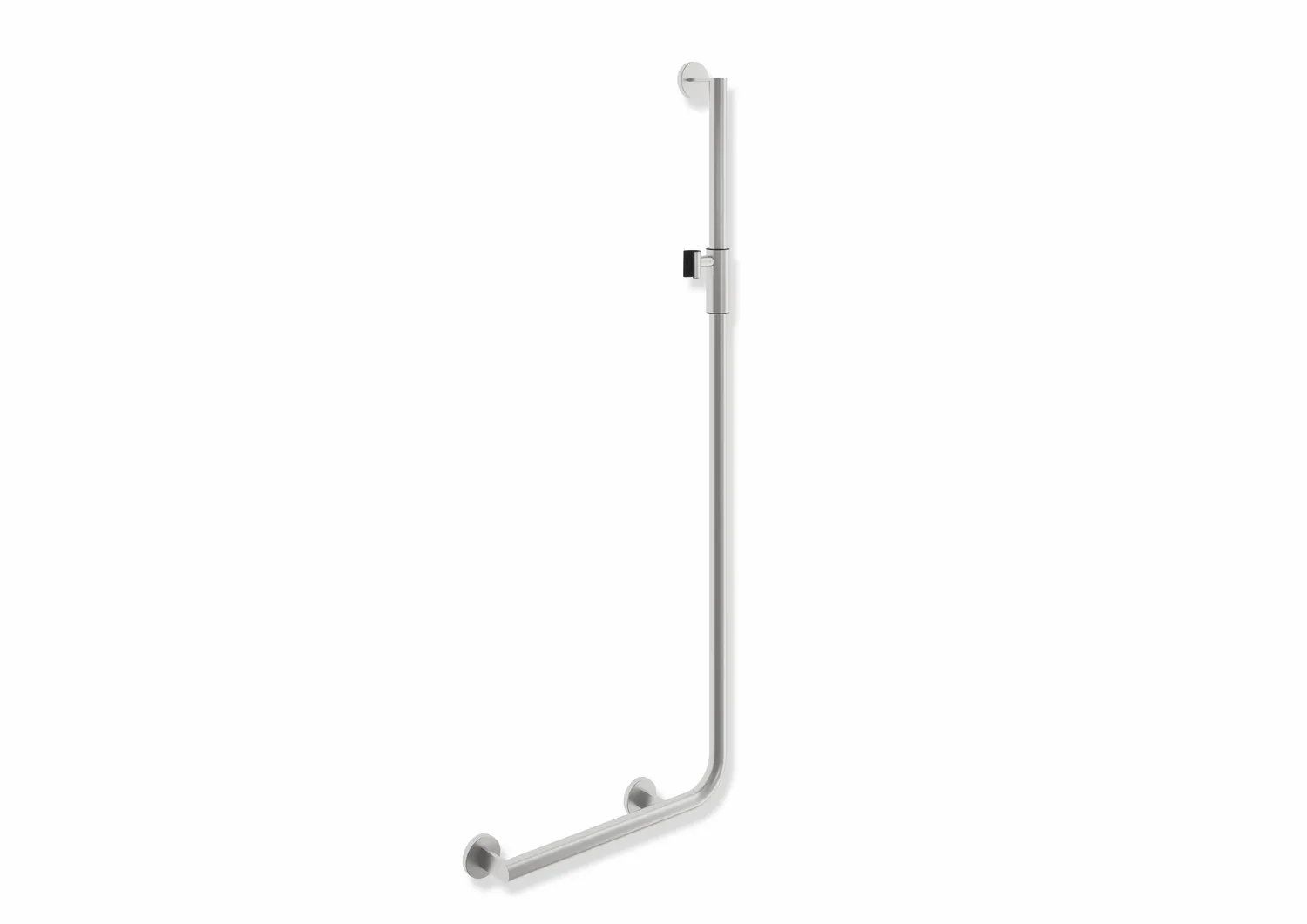 Winkelgriff mit Brausehalter, Edelstahl, schliff, waagerechte Länge 450 mm, senkrechte Länge 1250 mm, D: 32 mm, Ausführung links, mit magnetischem Brausehalter Winkelgriff mit Brausehalter, Edelstahl, schliff, waagerechte Länge 450 mm, senkrechte Länge 1250 mm, D: 32 mm, Ausführung links, mit magnetischem Brausehalter