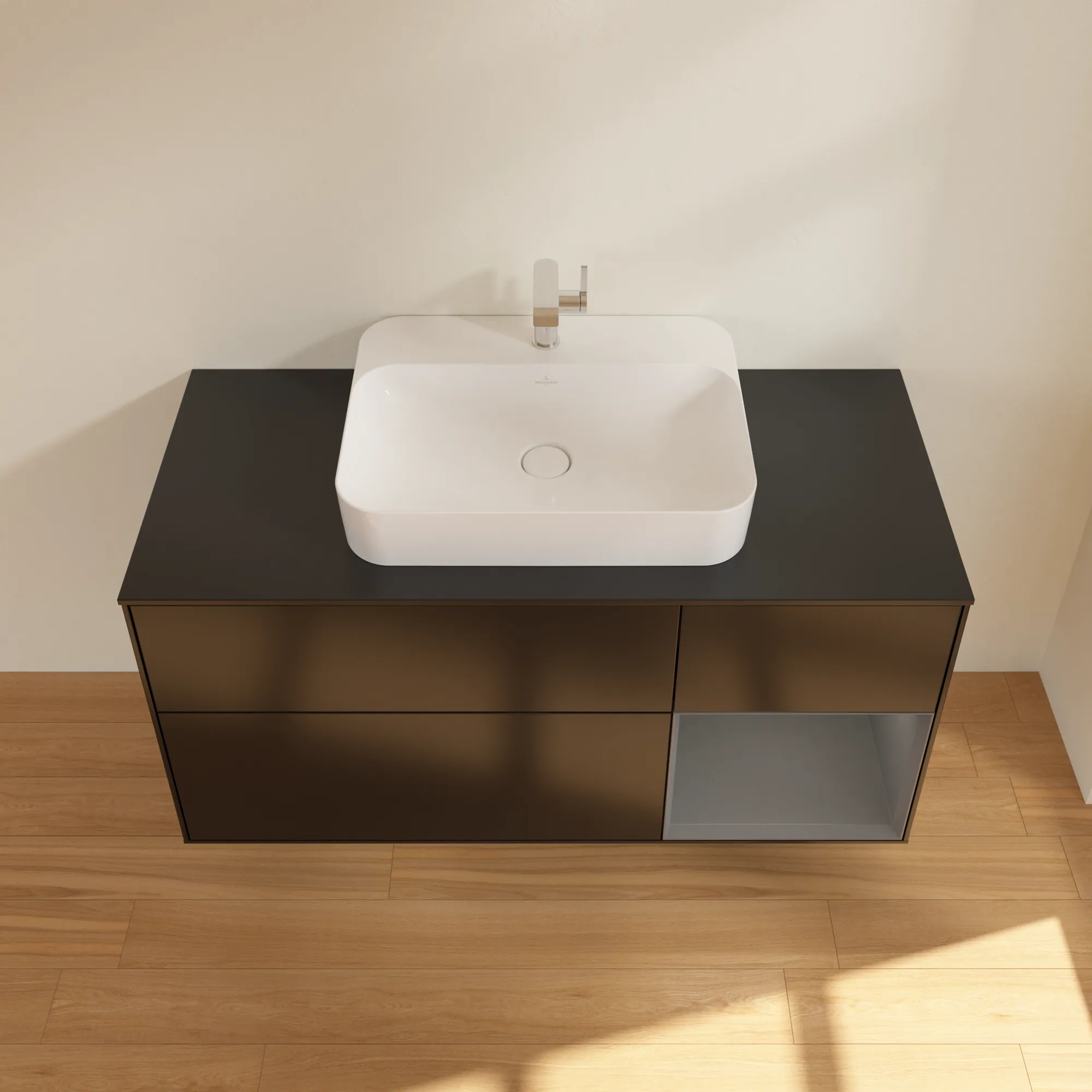 Villeroy & Boch Waschtischunterschrank „Finion“ für Schrankwaschtisch 1200 × 603 × 501 mm Black Matt Lacquer, für Becken mittig Villeroy & Boch Waschtischunterschrank „Finion“ für Schrankwaschtisch 1200 × 603 × 501 mm Black Matt Lacquer, für Becken mittig