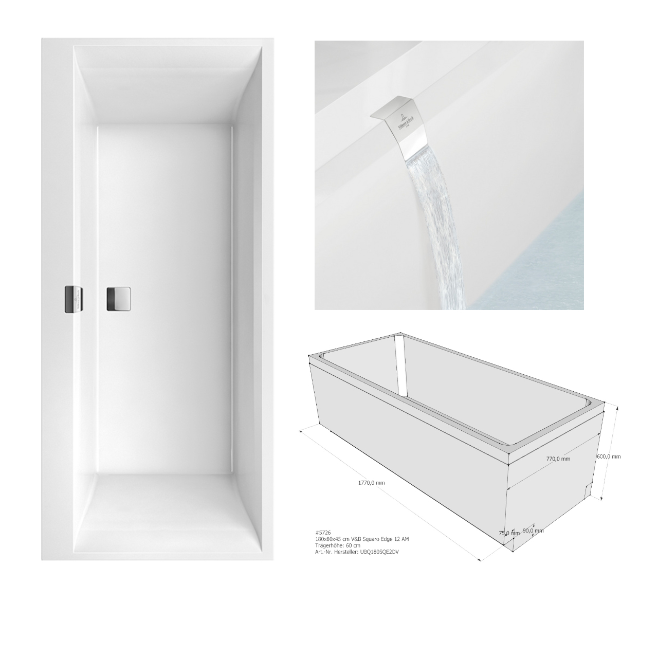 Villeroy & Boch Badewanne inkl. Wannenträger, Ab-& Überlaufgarnitur und Wasserzulauf „Squaro Edge 12“ rechteck 180 × 80 cm Villeroy & Boch Badewanne inkl. Wannenträger, Ab-& Überlaufgarnitur und Wasserzulauf „Squaro Edge 12“ rechteck 180 × 80 cm