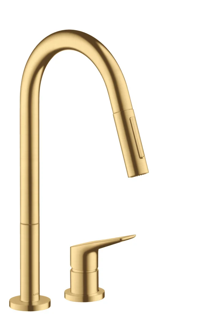 Hansgrohe AXOR Citterio M 2-Loch Küchenmischer Brushed Gold Optic mit Ausziehbrause, ComfortZone 220, Schwenkbereich 110° oder 150°, Laminarstrahl, MagFit Brausehalterung, Quick-Connect Schlauch, max. Durchfluss 9 l/min, Keramikmischsystem, Temperaturbeg Hansgrohe AXOR Citterio M 2-Loch Küchenmischer Brushed Gold Optic mit Ausziehbrause, ComfortZone 220, Schwenkbereich 110° oder 150°, Laminarstrahl, MagFit Brausehalterung, Quick-Connect Schlauch, max. Durchfluss 9 l/min, Keramikmischsystem, Temperaturbeg