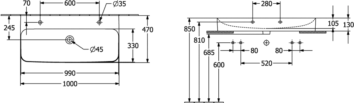 Villeroy & Boch Wandwaschtisch aus TitanCeram geschliffen „Finion“ 1000 × 470 × 165 mm, Hahnlochposition links und rechts, mit Hahnlochbohrung in Weiß Alpin, mit CeramicPlus