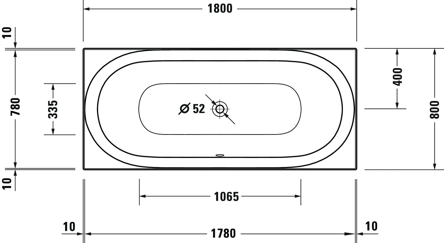 Duravit Badewanne „Soleil by Starck“ rechteck 180 × 80 cm, Mittelablauf