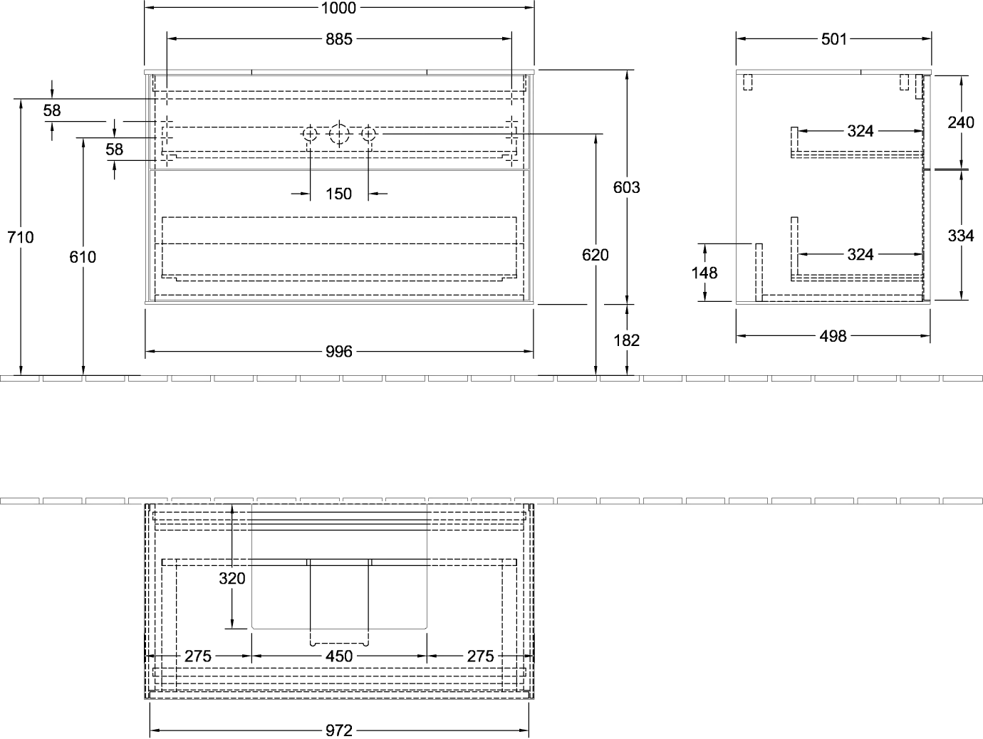 Villeroy & Boch Waschtischunterschrank „Finion“ für Schrankwaschtisch 100 × 60,3 × 50,1 cm 2 Schubladen, für Waschtischposition mittig mittig