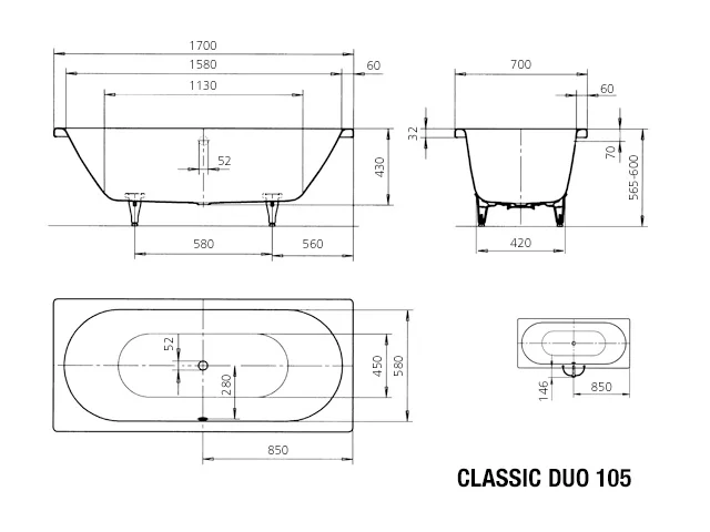 Kaldewei CLASSIC DUO Badewanne, 1700x700 mm, pergamon, Perl-Effekt, mit Griffloch Kaldewei CLASSIC DUO Badewanne, 1700x700 mm, pergamon, Perl-Effekt, mit Griffloch