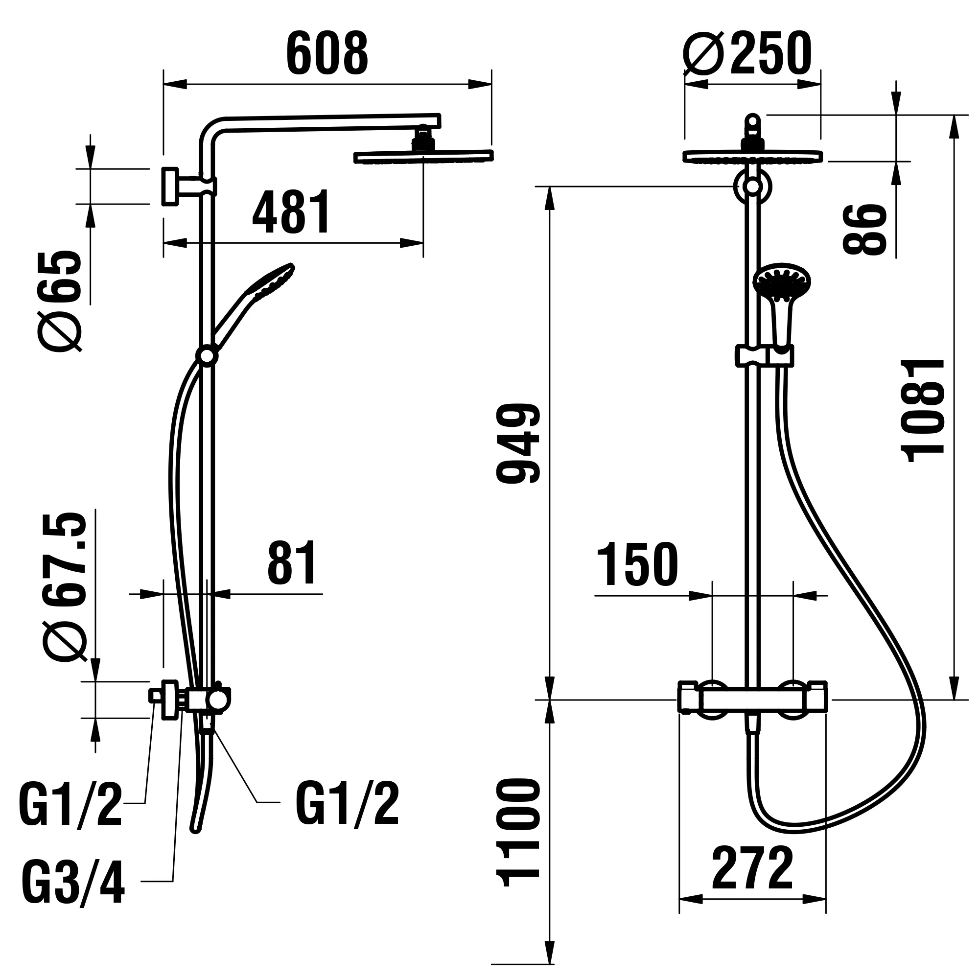 Laufen VIVID Thermostatisches Duschsystem mit Ablage, Brausenarm wasserführende Stange Regenbrause ø 250 mm Kunststoffschlauch 1600 mm Handbrause chrom Laufen VIVID Thermostatisches Duschsystem mit Ablage, Brausenarm wasserführende Stange Regenbrause ø 250 mm Kunststoffschlauch 1600 mm Handbrause chrom