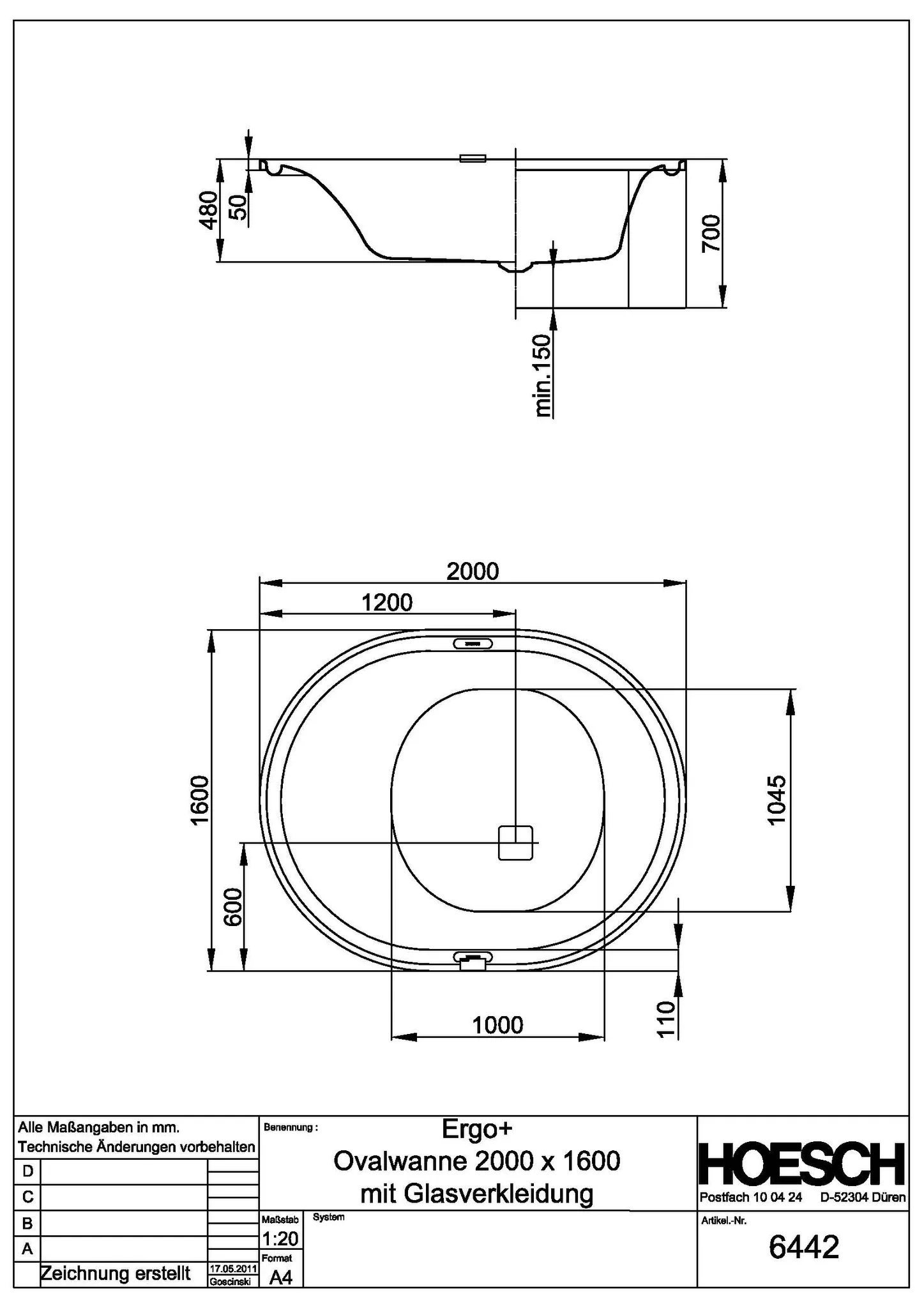 Hoesch Badewanne „Ergo+“ freistehend oval 200 × 160 cm