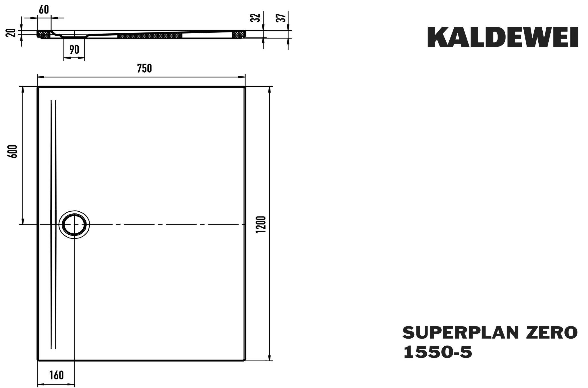 Kaldewei rechteck Duschwanne „Superplan Zero“ 75 × 120 cm mit Invisible Grip, in schwarz matt