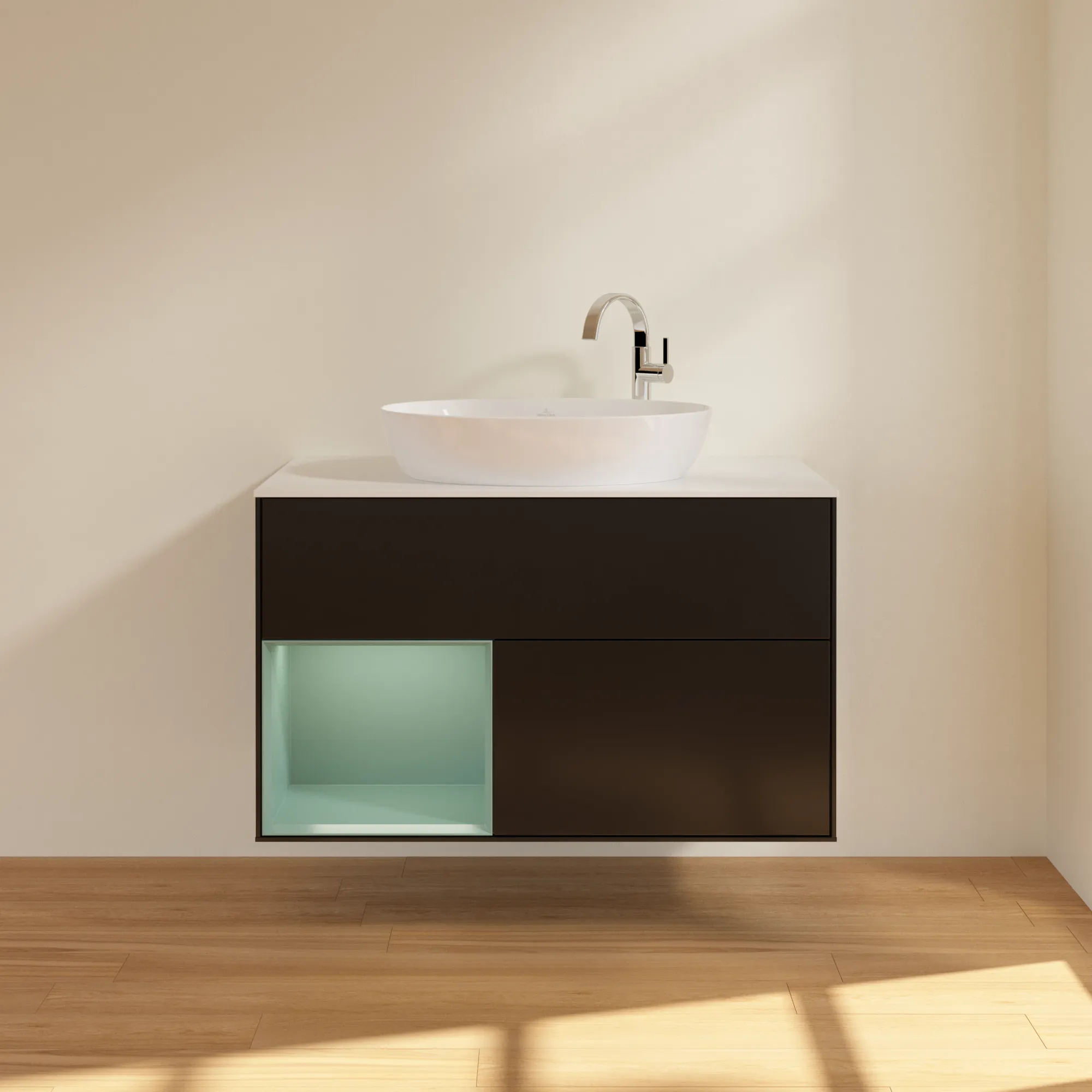 Villeroy & Boch Waschbeckenunterschrank Finion F89, 1000x603x501 mm, Black Matt Lacquer mit Olive Regal, Beleuchtung dimmbar, Push-to-open, SoftClosing Villeroy & Boch Waschbeckenunterschrank Finion F89, 1000x603x501 mm, Black Matt Lacquer mit Olive Regal, Beleuchtung dimmbar, Push-to-open, SoftClosing