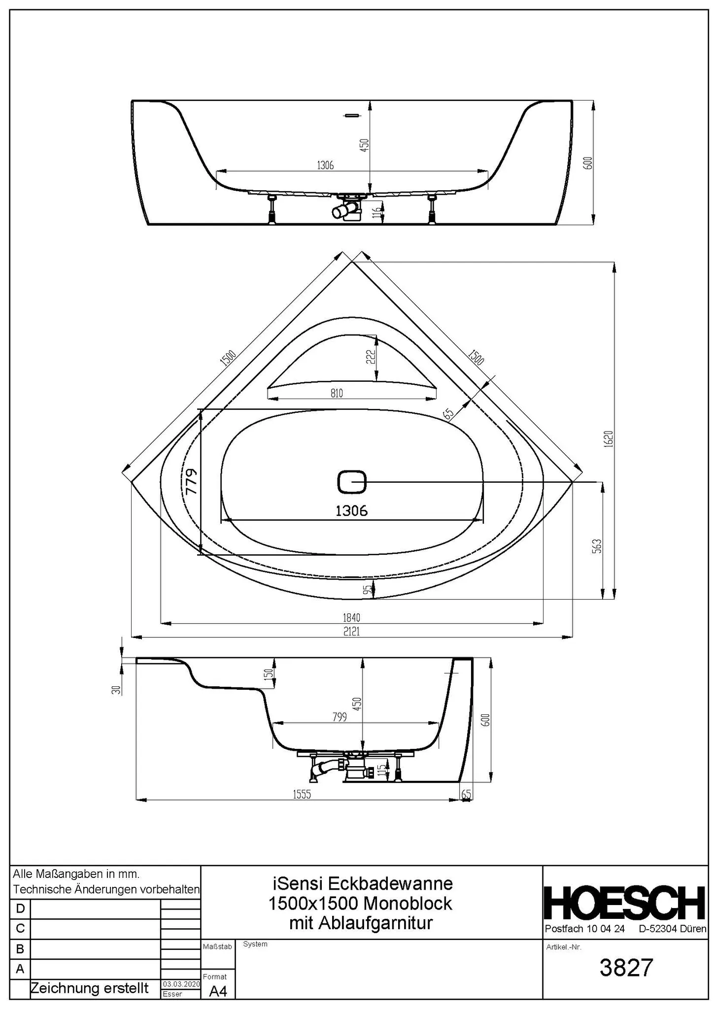 Hoesch Badewanne „iSensi“ Monolith eck 150 × 150 cm, mit Schürze in Weiß-Grau