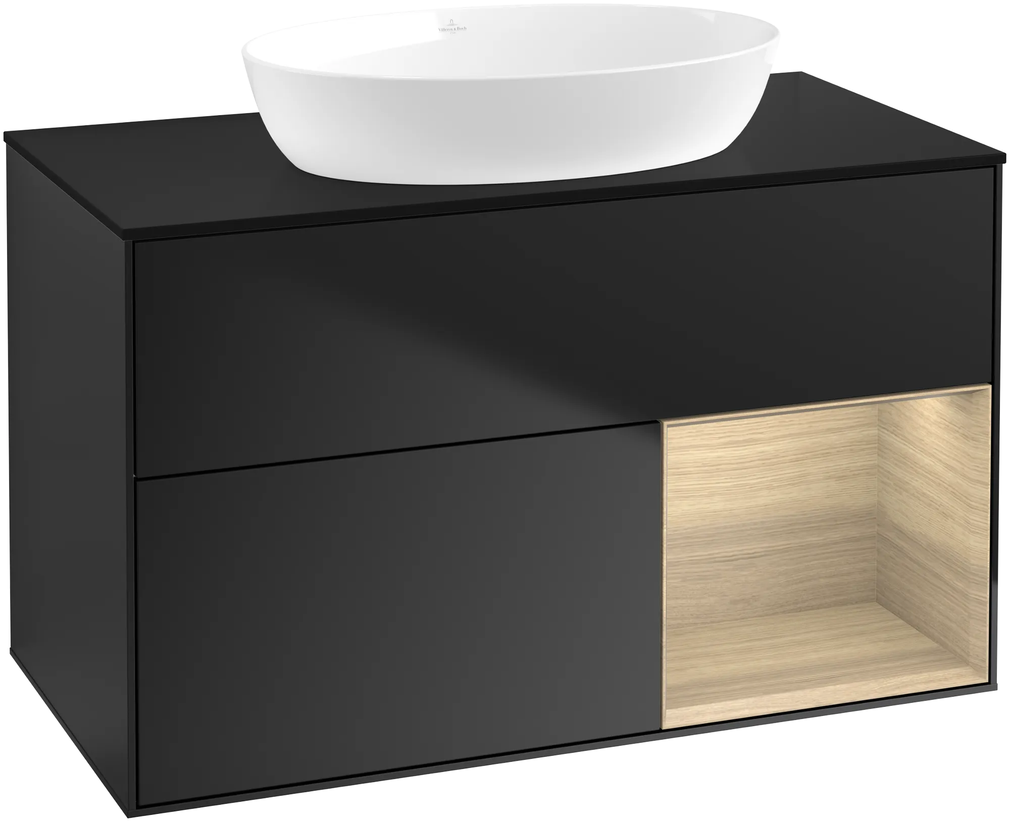 Villeroy & Boch Finion Waschbeckenunterschrank GA2, 1000 x 603 x 501 mm, Black Matt Lacquer / Oak Veneer / Glass Black Matt
