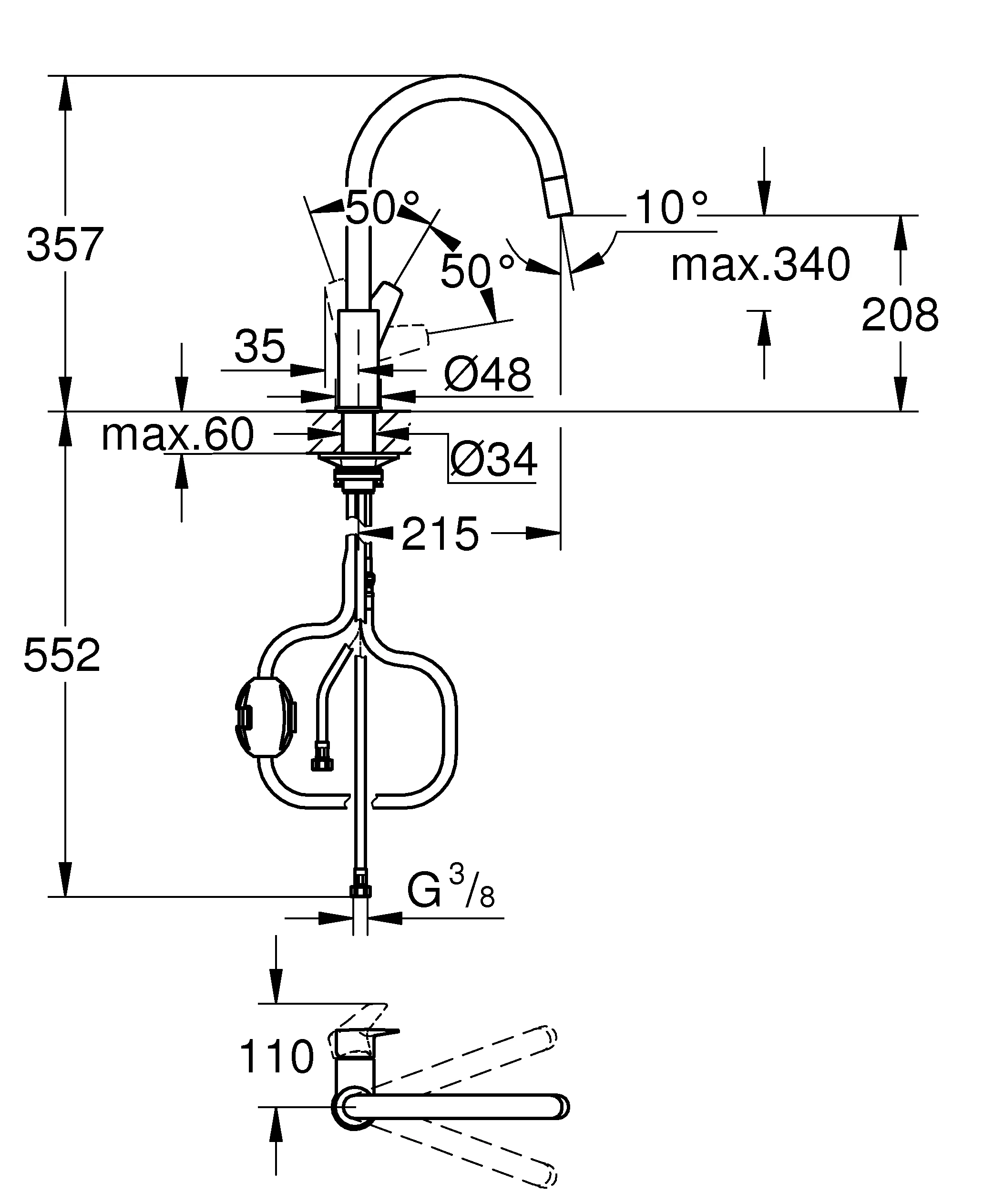 Einhand-Spültischbatterie BauEdge 30536, hoher Auslauf, ausziehbare Laminarbrause, chrom