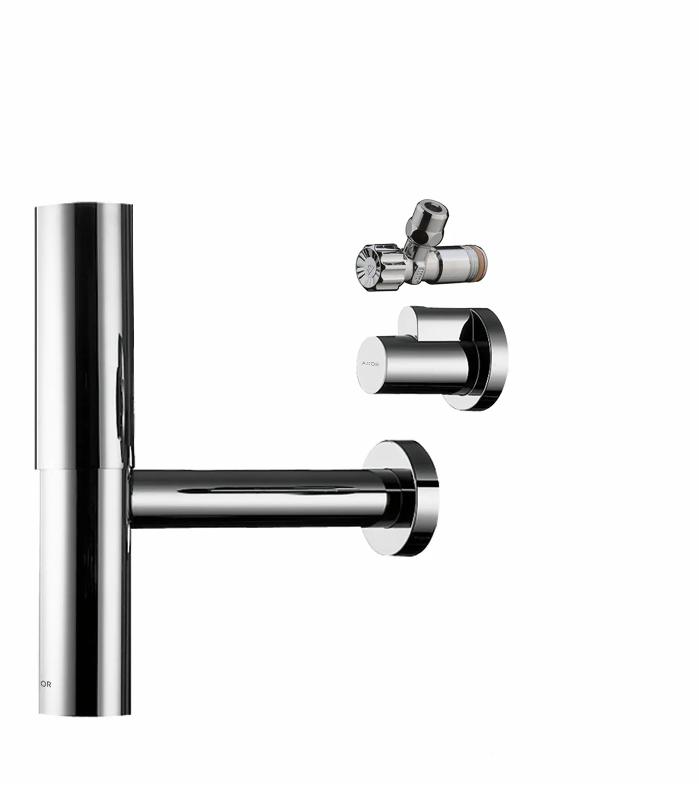 Hansgrohe AXOR Design Siphon Set Flowstar Chrom, 2 Eckventile + Schuber, Verstellweg 65–165 mm, Wandabstand 330 mm, Stauwasserhöhe 75 mm, Anschluss G 11/4