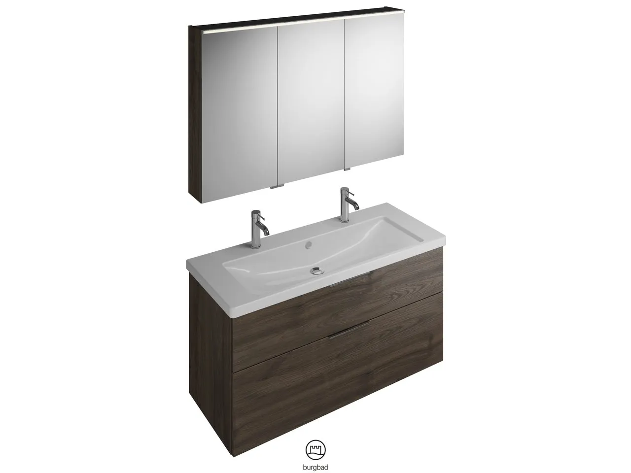 burgbad Badmöbelset Keramik-Waschtisch inkl. Waschtischunterschrank und Spiegelschrank „Eqio“ 123 cm Stangengriff, Chrom (140 / 397 mm), in Eiche Dekor Silber burgbad Badmöbelset Keramik-Waschtisch inkl. Waschtischunterschrank und Spiegelschrank „Eqio“ 123 cm Stangengriff, Chrom (140 / 397 mm), in Eiche Dekor Silber