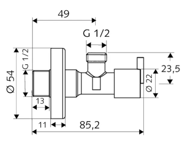 Eckventil mit Regulierfunktion PINT, Design-Griff, Schubrosette Ø 54 mm, DN 15 G 1/2 AG, DN 15 G 1/2 AG, chrom