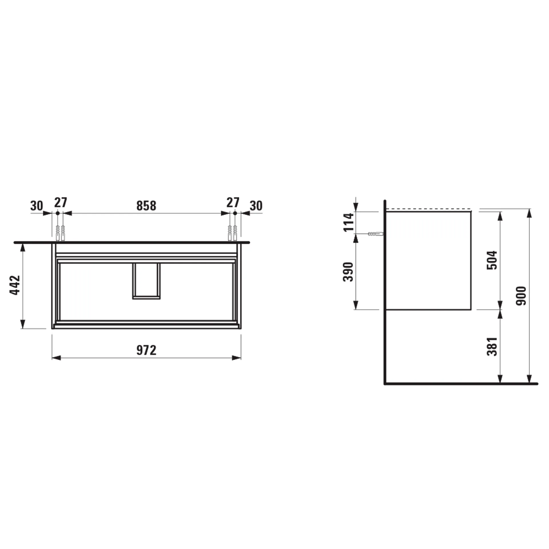 Waschtischunterbau, MEDA, 442x972x504, mit 2 Schubladen, 1 Ordnungssystem, integrierte Griffleiste, Vollauszug und Soft-Close, für Möbelwaschtisch MEDA H814118 (100 cm), weiß matt Waschtischunterbau, MEDA, 442x972x504, mit 2 Schubladen, 1 Ordnungssystem, integrierte Griffleiste, Vollauszug und Soft-Close, für Möbelwaschtisch MEDA H814118 (100 cm), weiß matt