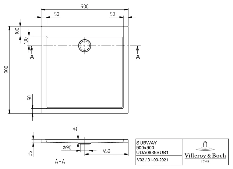 Villeroy & Boch quadrat Duschwanne „Subway“ 90 × 90 cm