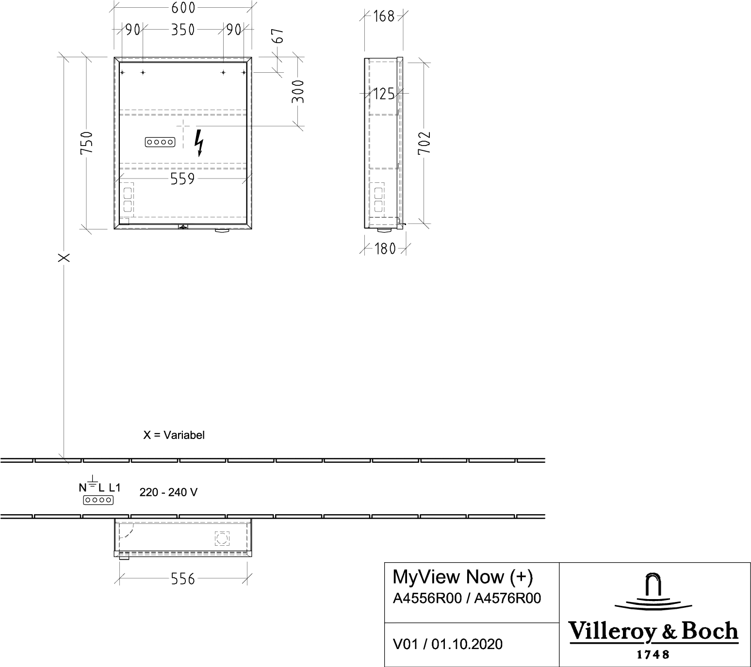 Villeroy & Boch Aufputz-Spiegelschrank My View Now A4576R, 600x750x168 mm, glänzend, mit Beleuchtung und SoftClosing