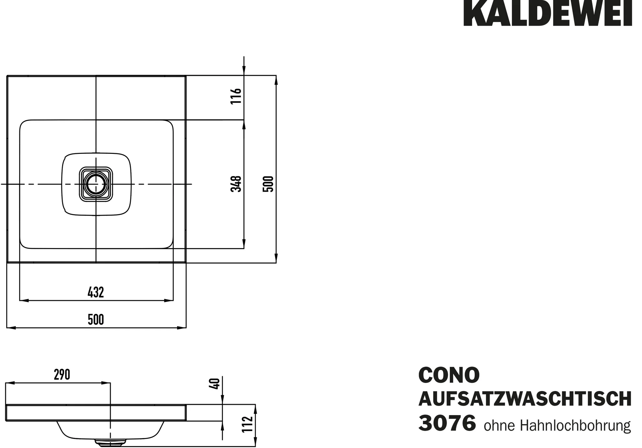 Kaldewei CONO Aufsatzwaschtisch, alpinweiß, 500x500 mm, Randhöhe 40 mm, ohne Überlauf, Perl-Effekt, Antidröhn
