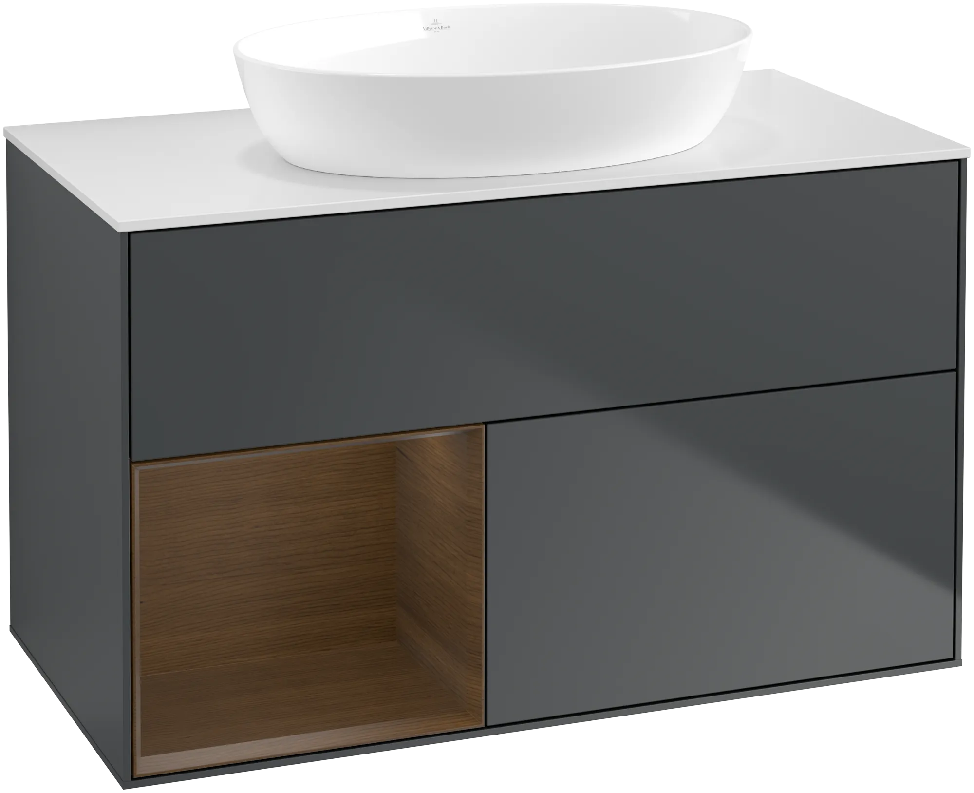 Villeroy & Boch Finion Waschbeckenunterschrank GA1, 1000 x 603 x 501 mm, Midnight Blue Matt Lacquer / Walnut Veneer / Glass White Matt