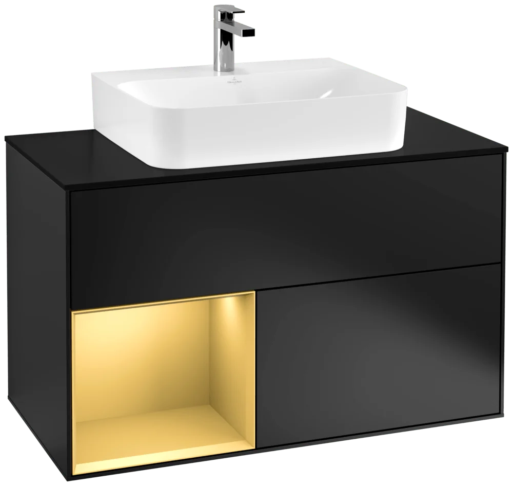 Villeroy & Boch Waschbeckenunterschrank Finion F11, 1000x603x501 mm, Black Matt Lacquer mit Gold Akzenten, mit Beleuchtung und Push-to-open Funktion