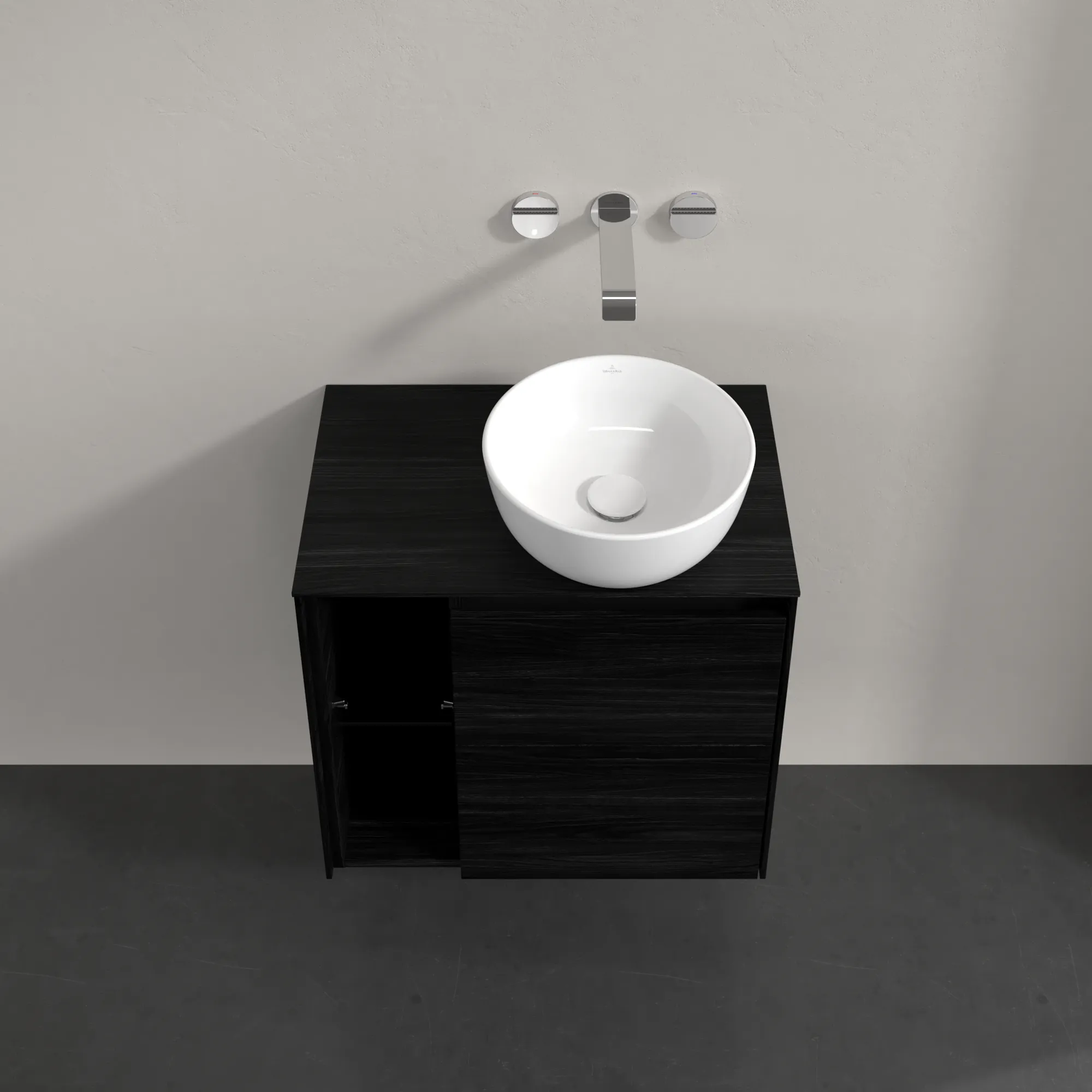Villeroy & Boch Waschtischunterschrank „Collaro“ 600 × 548 × 380 mm Black Oak, für Becken rechts, Anschlag rechts, mit Beleuchtung Villeroy & Boch Waschtischunterschrank „Collaro“ 600 × 548 × 380 mm Black Oak, für Becken rechts, Anschlag rechts, mit Beleuchtung