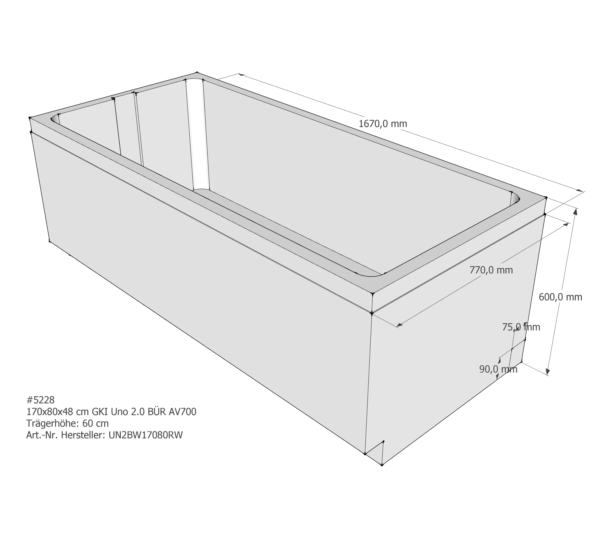 Duschwannenträger für GKI Uno 2.0 rechts 170 × 80 × 48 cm Duschwannenträger für GKI Uno 2.0 rechts 170 × 80 × 48 cm