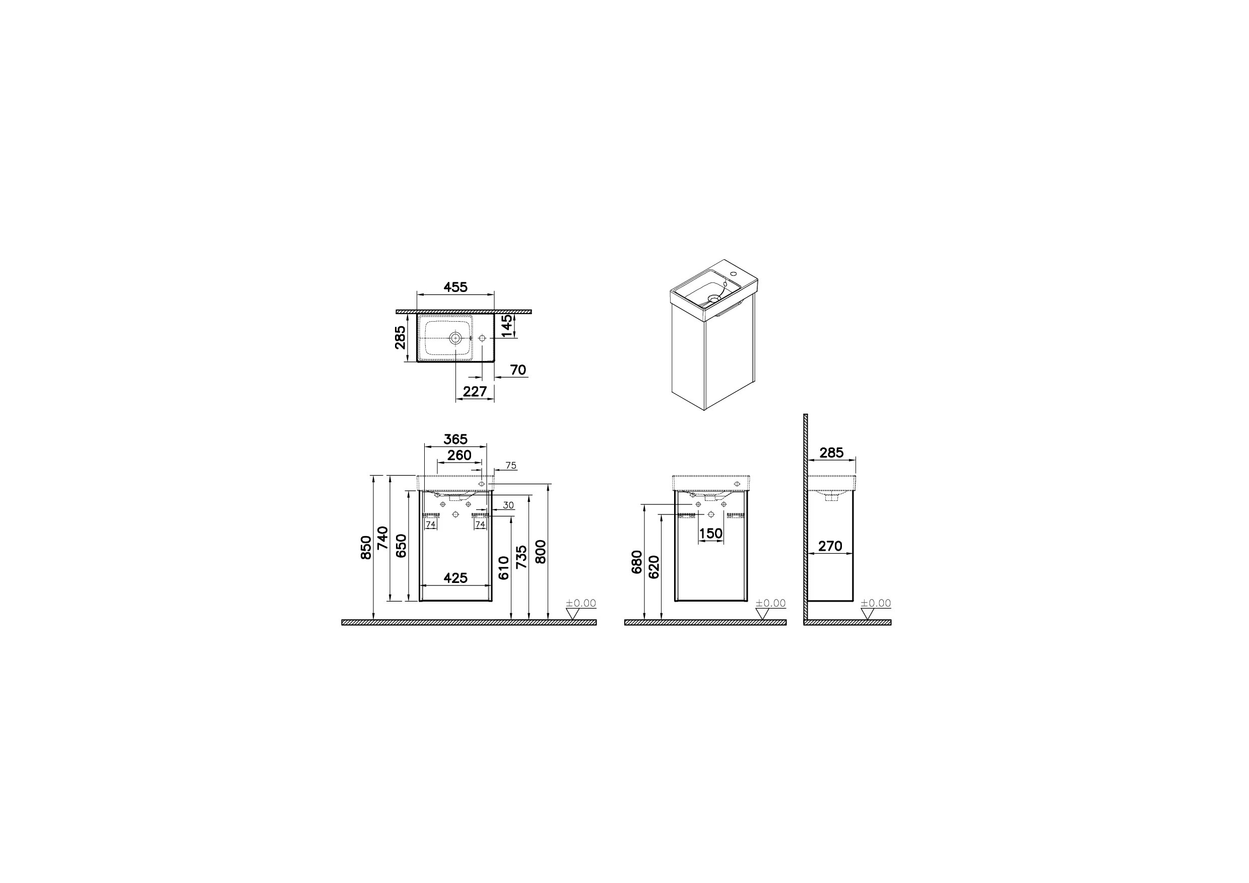 New Integra Square Set Handwaschbecken mit Unterschrank 1 Tür Türanschlag rechts 45 x 28 x 74 cm Weiß Hochglanz/Eiche Gold