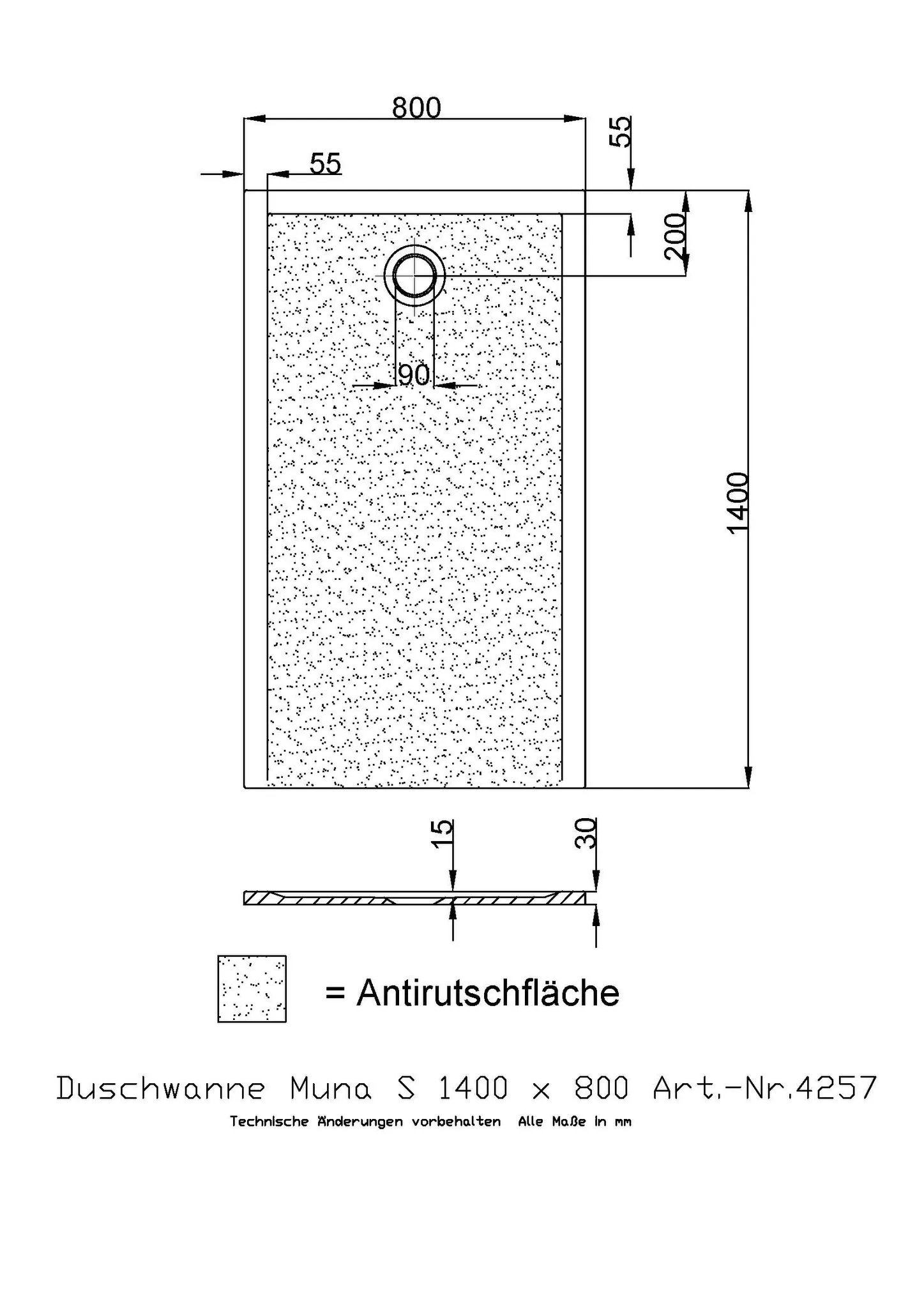 Duschwanne Muna S 1400x800x30 mm, Antirutsch, Schiefergrau, Solique Mineralguss, 30 mm Höhe, 90 mm Ablauf Duschwanne Muna S 1400x800x30 mm, Antirutsch, Schiefergrau, Solique Mineralguss, 30 mm Höhe, 90 mm Ablauf