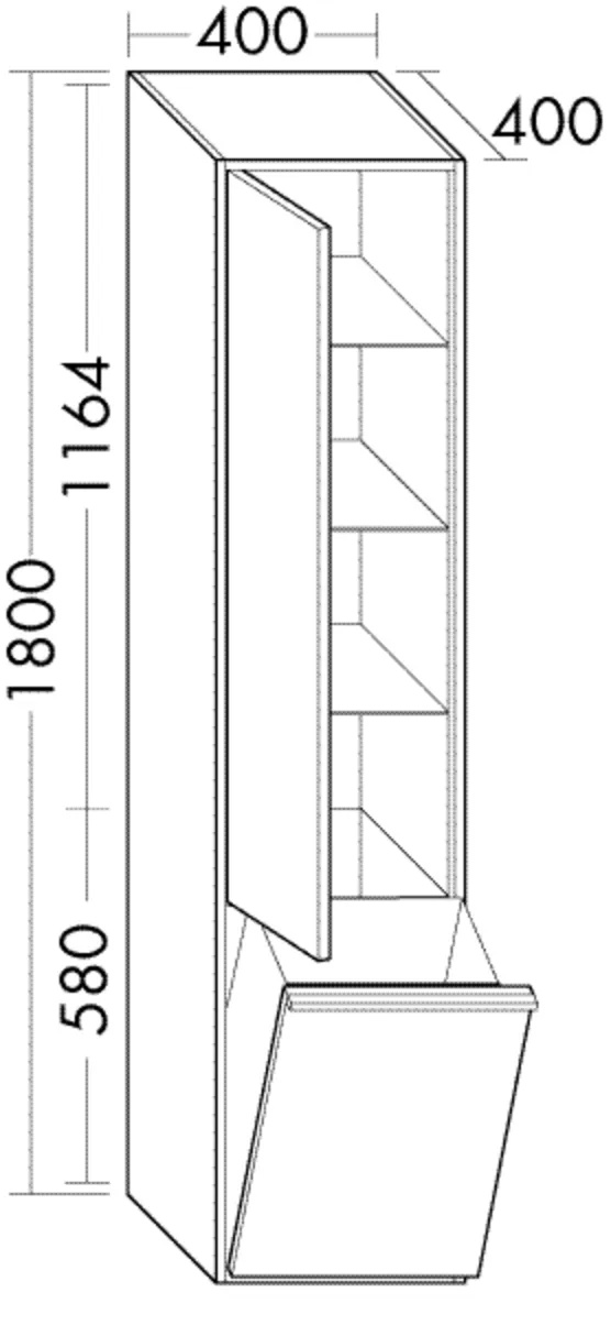 Hochschrank Uomo von burgbad, 400x400x1800 mm, 1 Tür mit Tip-On Technik, 3 Glaseinlegeböden, 1 fester Boden, 1 Wäschekippe