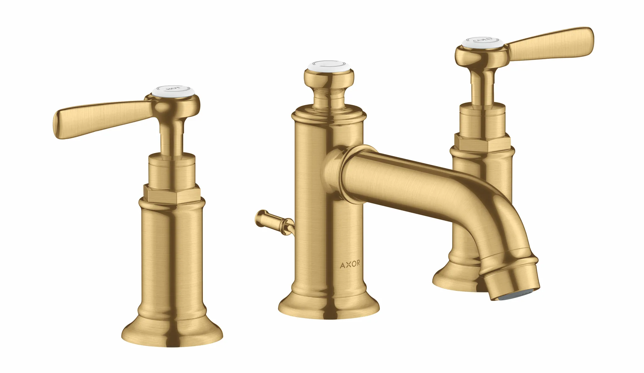 Hansgrohe AXOR Montreux 3-Loch Waschtischarmatur mit Hebelgriff in Brushed Gold Optic, Ausladung 143 mm, ComfortZone 30 Hansgrohe AXOR Montreux 3-Loch Waschtischarmatur mit Hebelgriff in Brushed Gold Optic, Ausladung 143 mm, ComfortZone 30