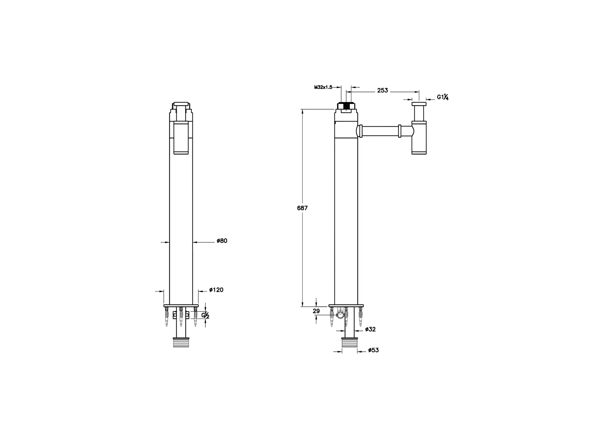 VitrA Zubehör Design Zu- und Ablaufsystemsäule groß Bodenmontage G 1 ¼" Chrom