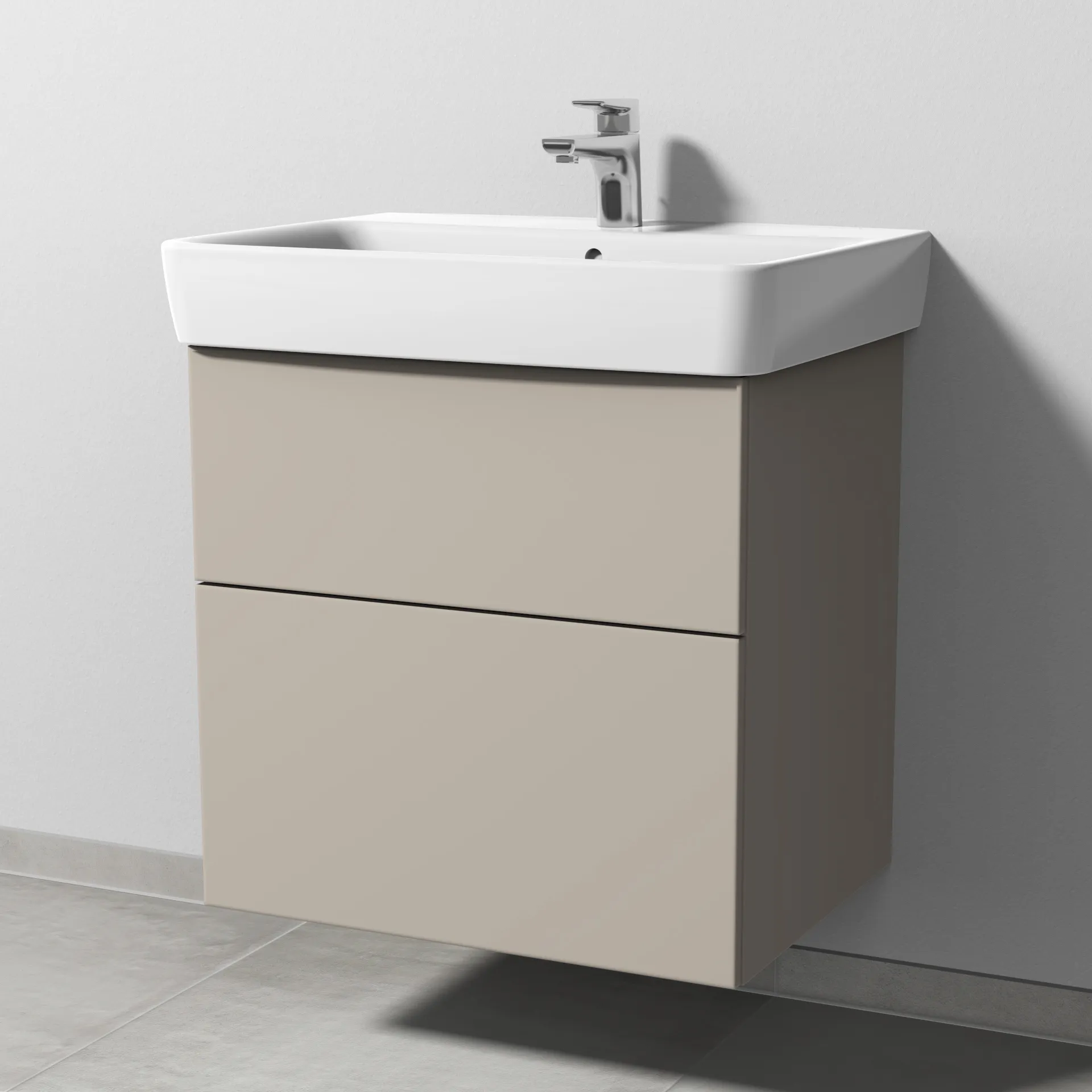 Sanipa Waschtischunterschrank „3way“ passend zu Keramik-Waschtische Renova Plan von Geberit 590 × 588 × 407 mm in Kaschmir (matt), Becken mittig