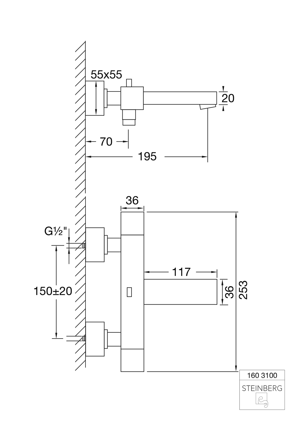 Serie 160 Wanne/Brause-Aufputzthermostat 1/2 mit Temperatur-/Mengenregulierung und Umsteller, Ausladung: 19,5 cm Serie 160 Wanne/Brause-Aufputzthermostat 1/2 mit Temperatur-/Mengenregulierung und Umsteller, Ausladung: 19,5 cm