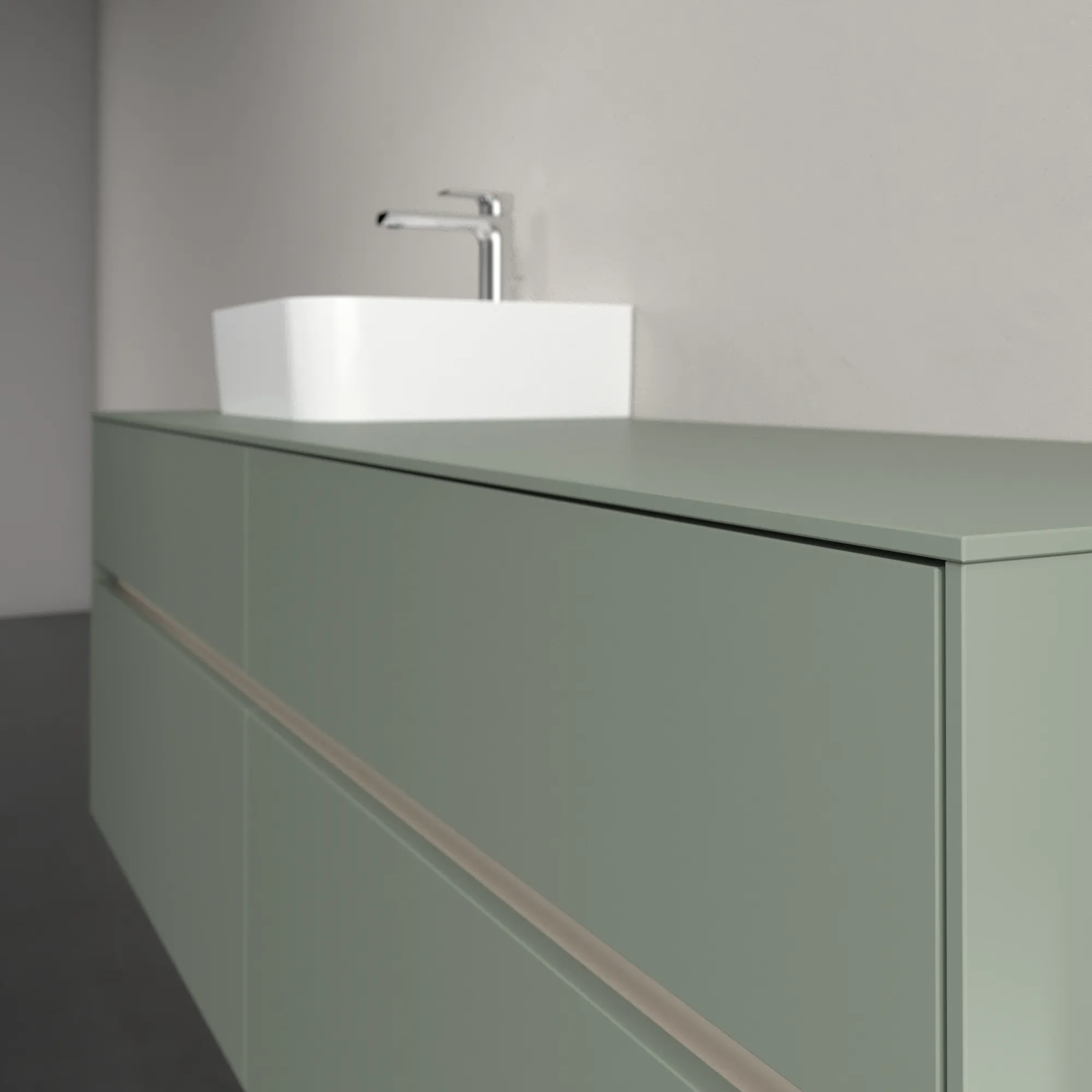 Villeroy & Boch Waschtischunterschrank „Collaro“ 1600 × 548 × 500 mm Soft Green, mit Beleuchtung, für Becken links Villeroy & Boch Waschtischunterschrank „Collaro“ 1600 × 548 × 500 mm Soft Green, mit Beleuchtung, für Becken links