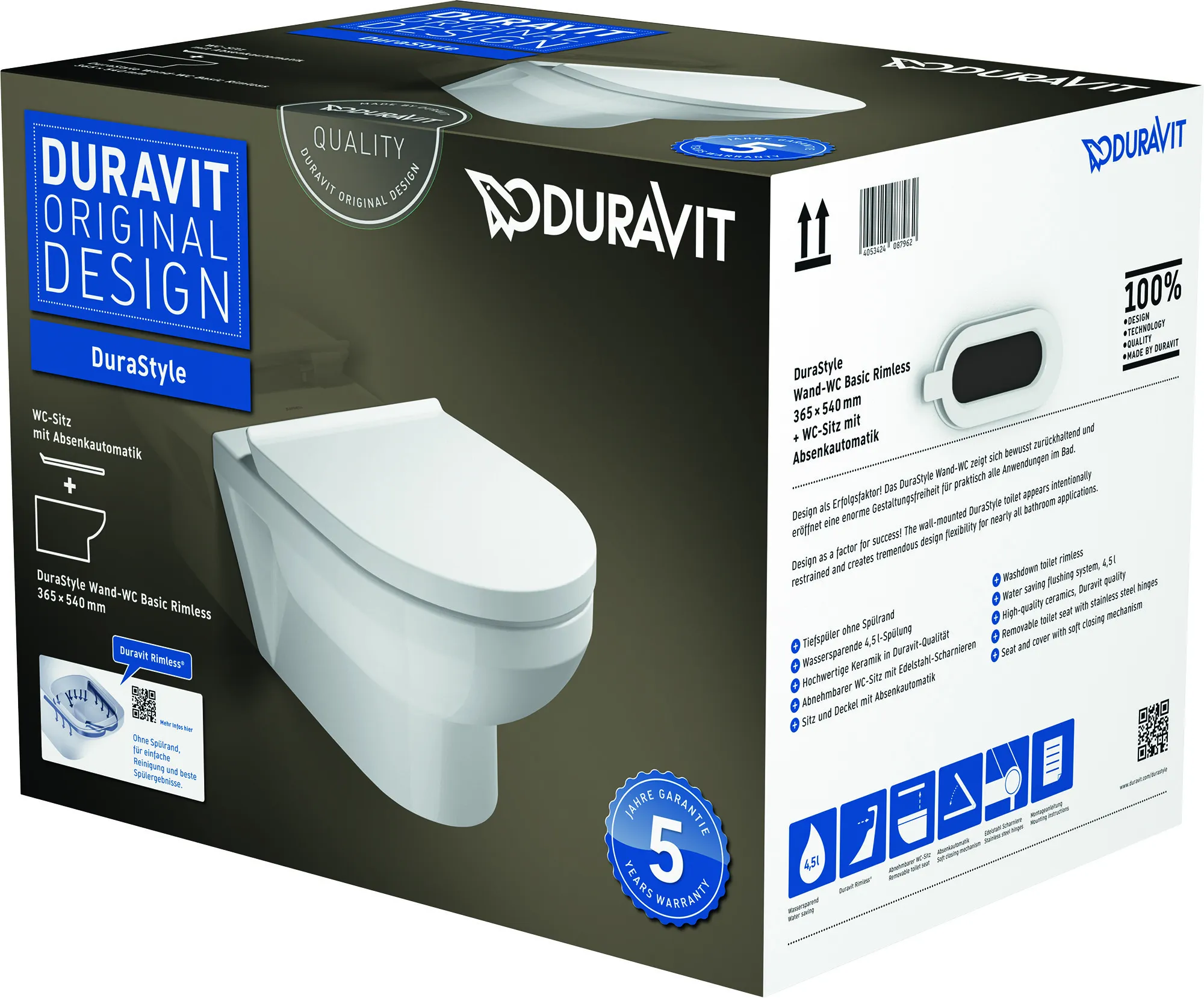 Duravit Wand-Tiefspül-WC inkl. WC-Sitz „No.1“ 37,3 × 54 × 39,3 cm, Befestigung sichtbar