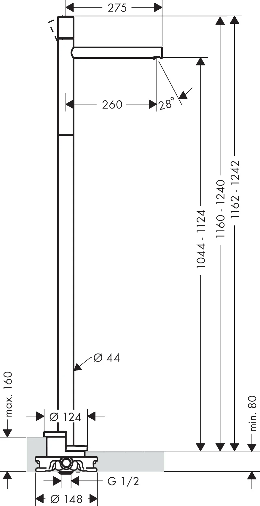 Hansgrohe AXOR Uno Einhebel-Waschtischmischer bodenstehend, Brushed Nickel, Ausladung 260 mm, Zylindergriff, Laminarstrahl, max. Durchflussmenge 5 l/min, Keramikmischsystem, einstellbare Temperaturbegrenzung, für Durchlauferhitzer geeignet, Anschluss DN1
