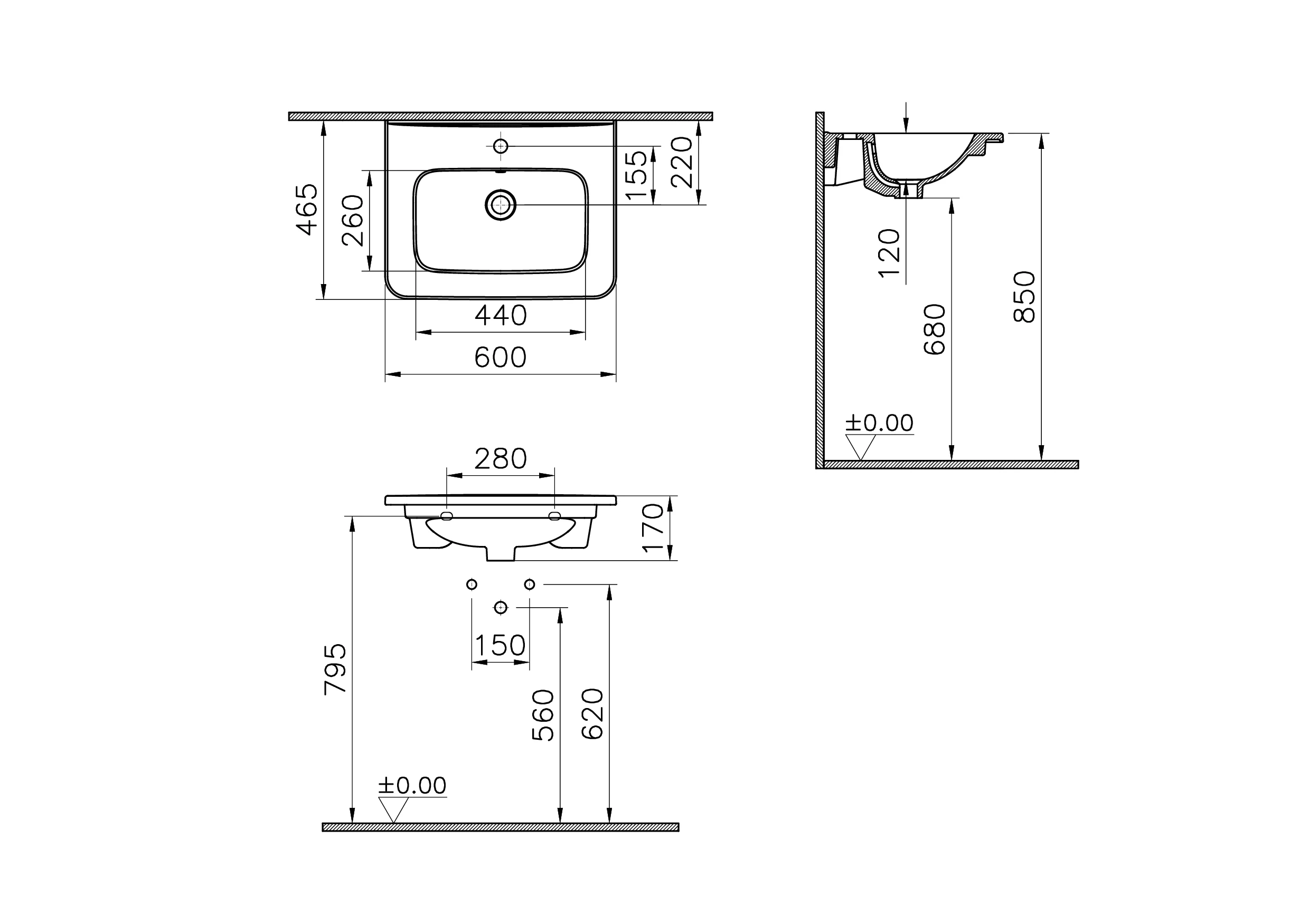 New S20 Round Möbelwaschtisch mit Hahnloch mittig 60 x 46 x 17 cm (BxTxH) Weiß Hochglanz