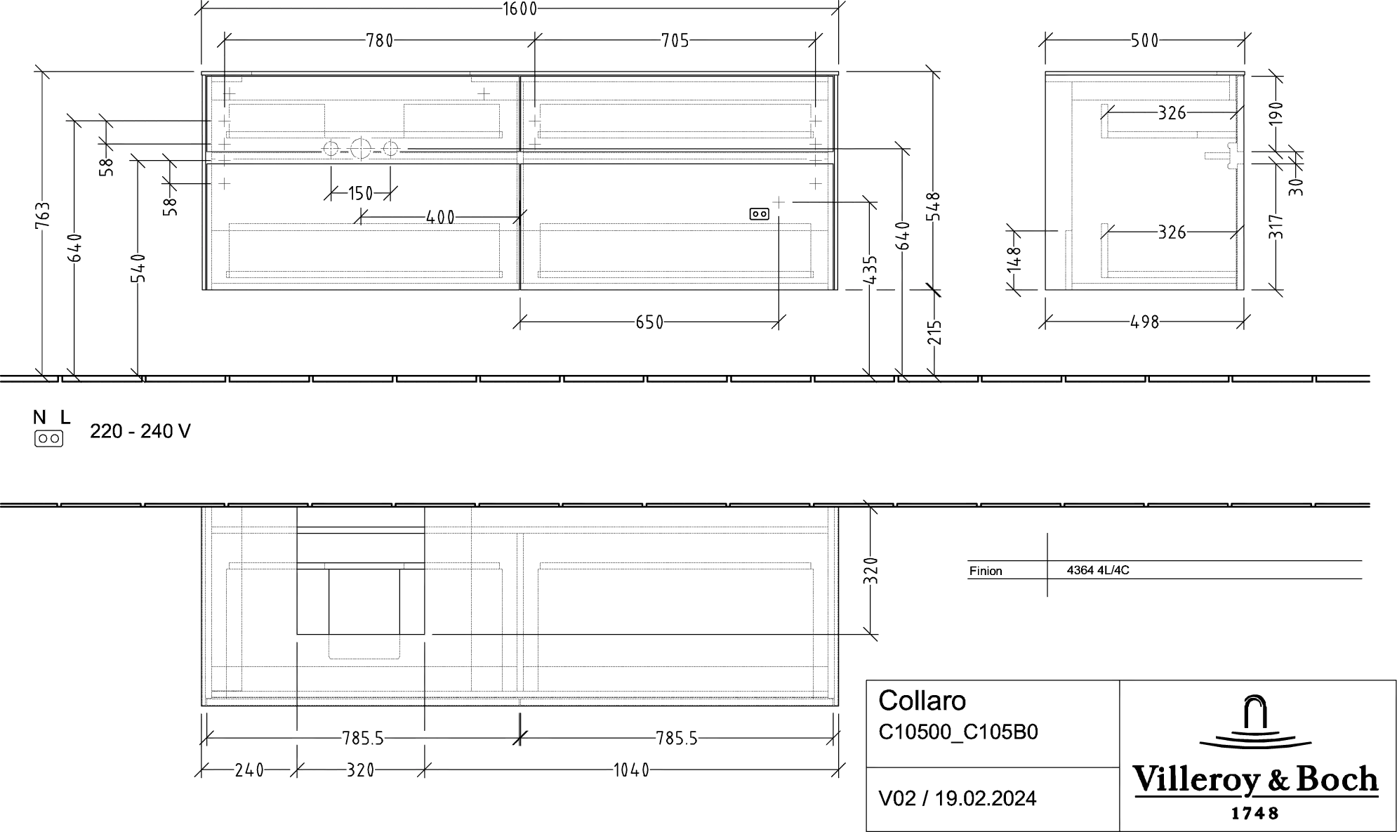 Villeroy & Boch Waschtischunterschrank „Collaro“ 1600 × 548 × 500 mm Glossy White, mit Beleuchtung, für Becken links