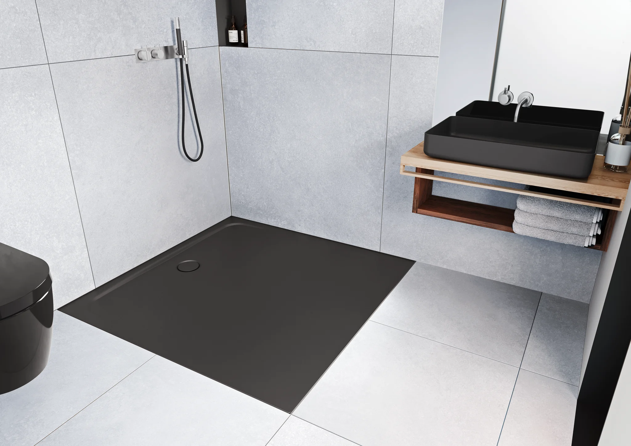 Kaldewei CAYONOPLAN MULTISPACE Duschfläche, schwarz matt, 1200x1200 mm, 17 mm tief, barrierefrei mit seitlichem Ablauf