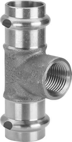 „Sanpress“ T-Stück mit 2 Muffen und Innengewinde 54 mm × 1/2″ × 54 mm „Sanpress“ T-Stück mit 2 Muffen und Innengewinde 54 mm × 1/2″ × 54 mm