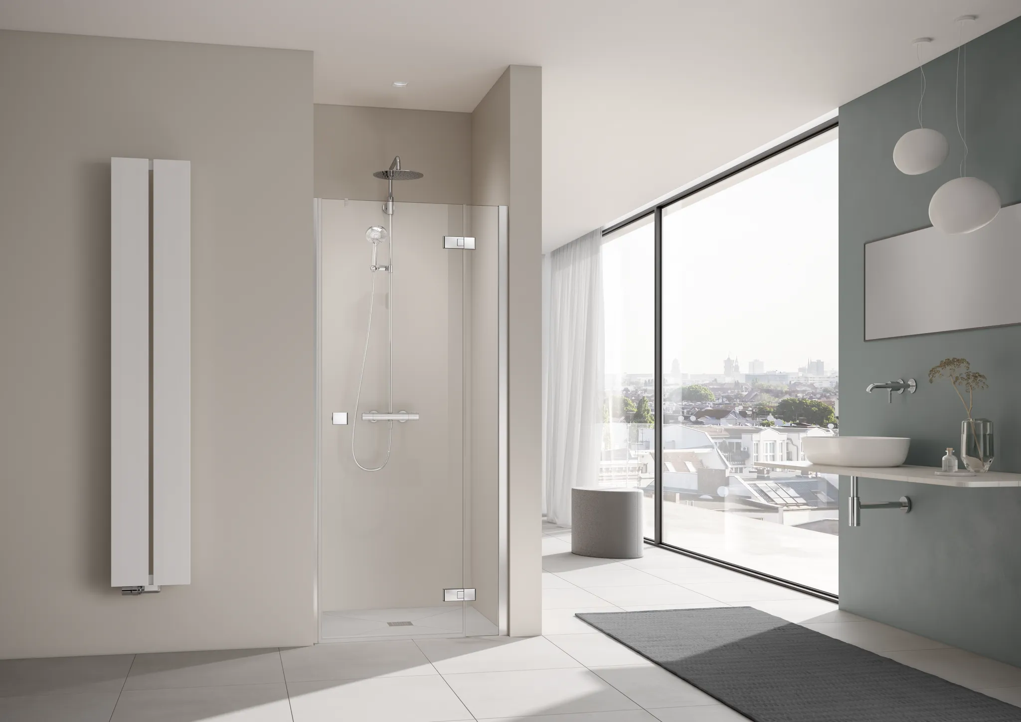 Kermi Duschdesign MENA, Pendeltür 1-flügelig mit Festfeld, Schwarz Soft RAL 9005, 2000x900 mm